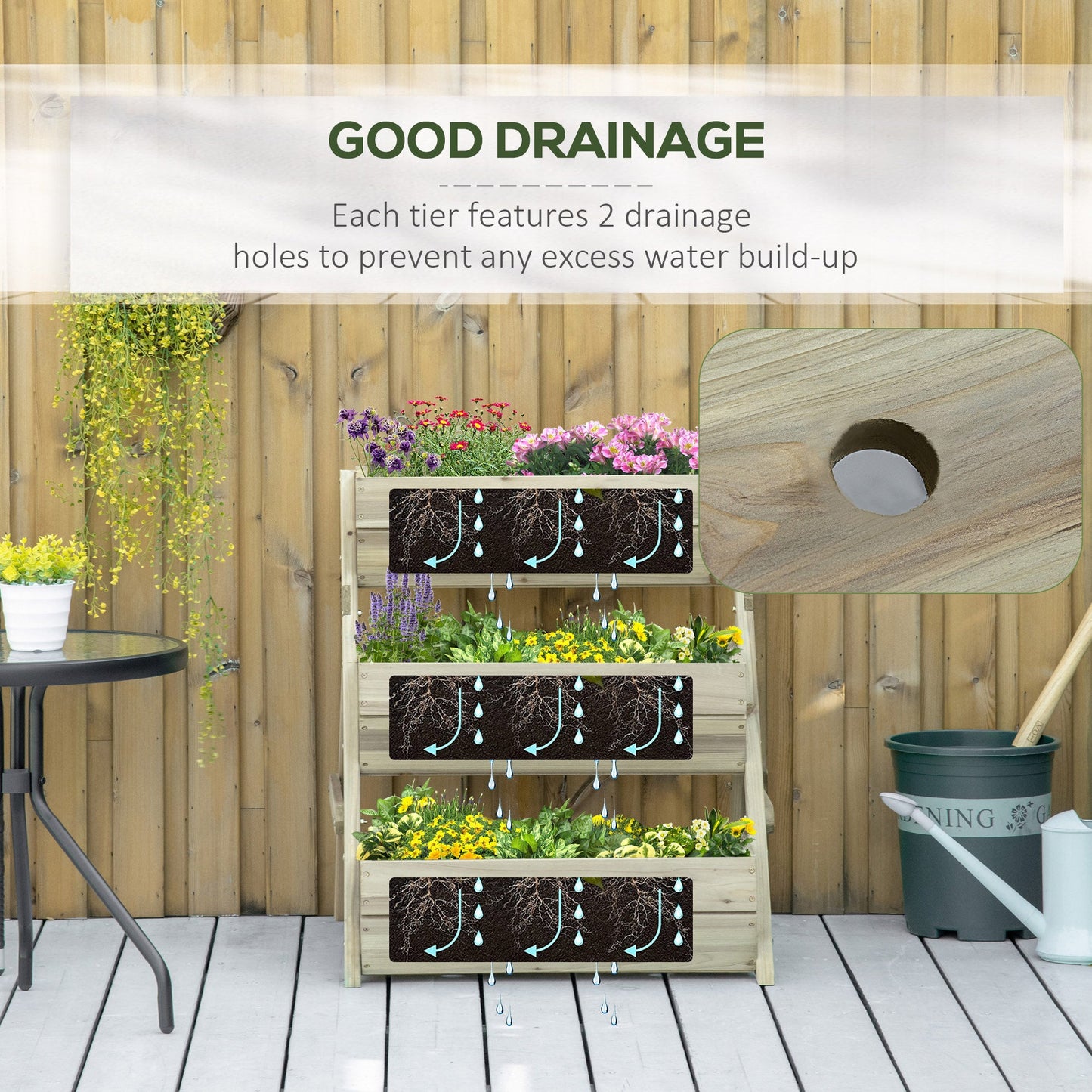 3 Tier 66L Raised Garden Bed Wooden Elevated Planter Box Kit for Flower, Vegetable, Herb, 65 x 75 x 76cm, Green