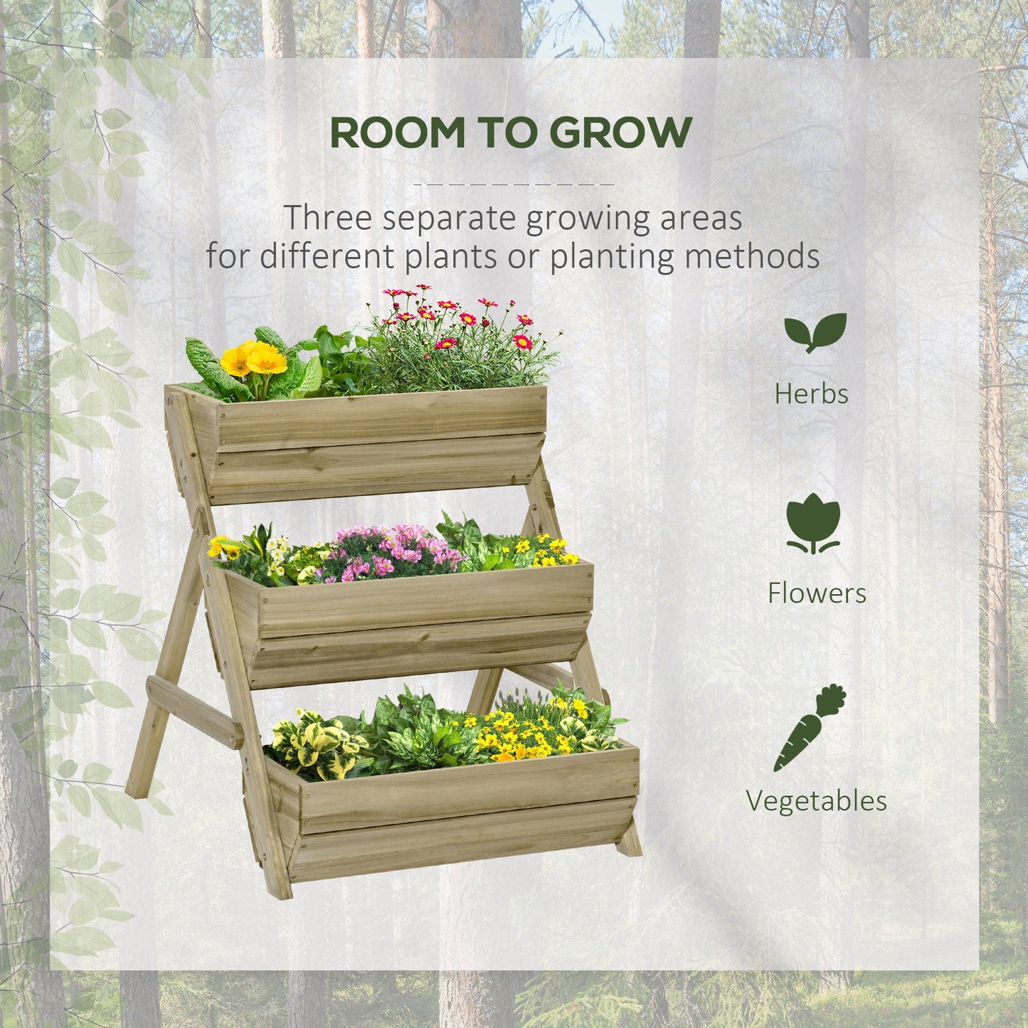 3 Tier 66L Raised Garden Bed Wooden Elevated Planter Box Kit for Flower, Vegetable, Herb, 65 x 75 x 76cm, Green