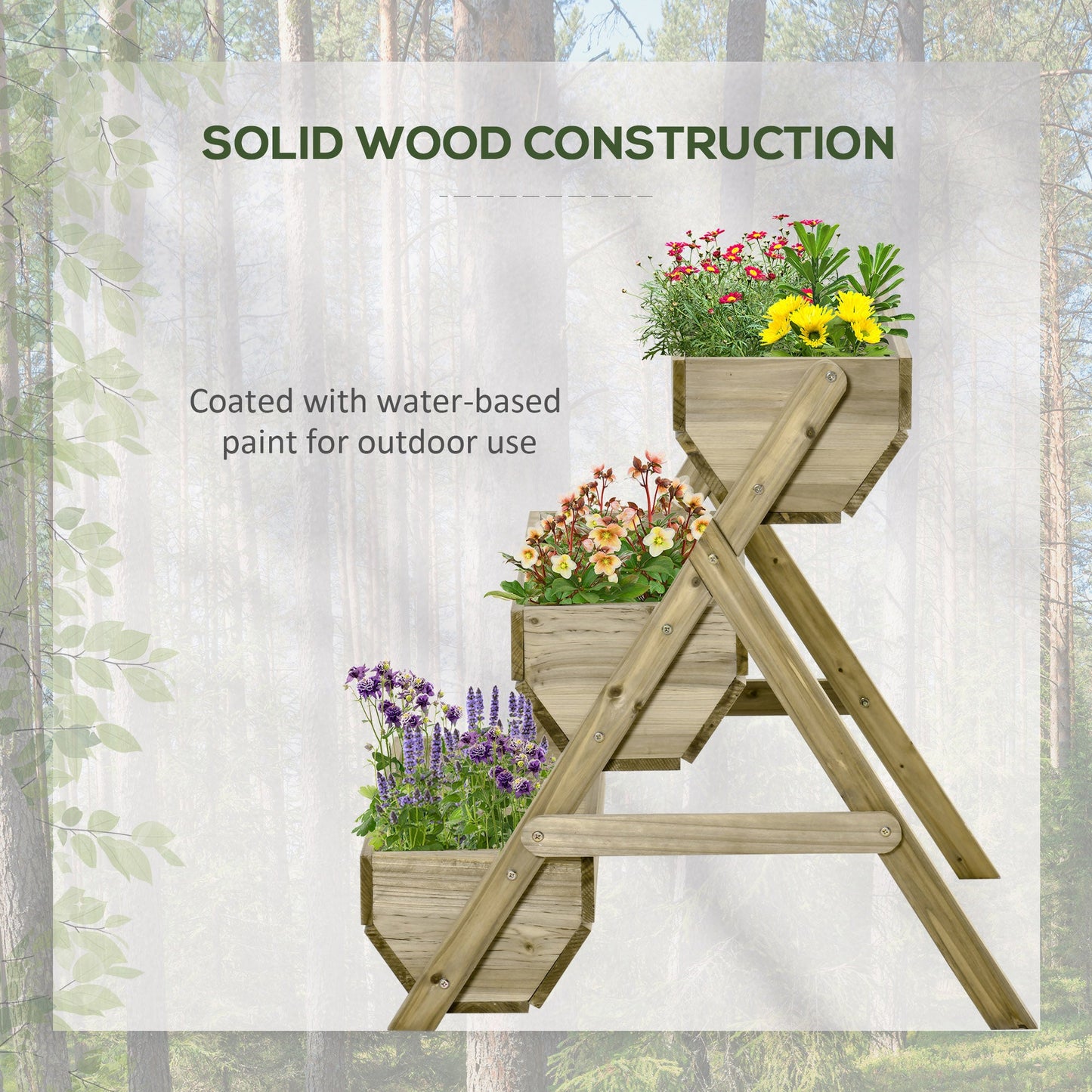3 Tier 66L Raised Garden Bed Wooden Elevated Planter Box Kit for Flower, Vegetable, Herb, 65 x 75 x 76cm, Green