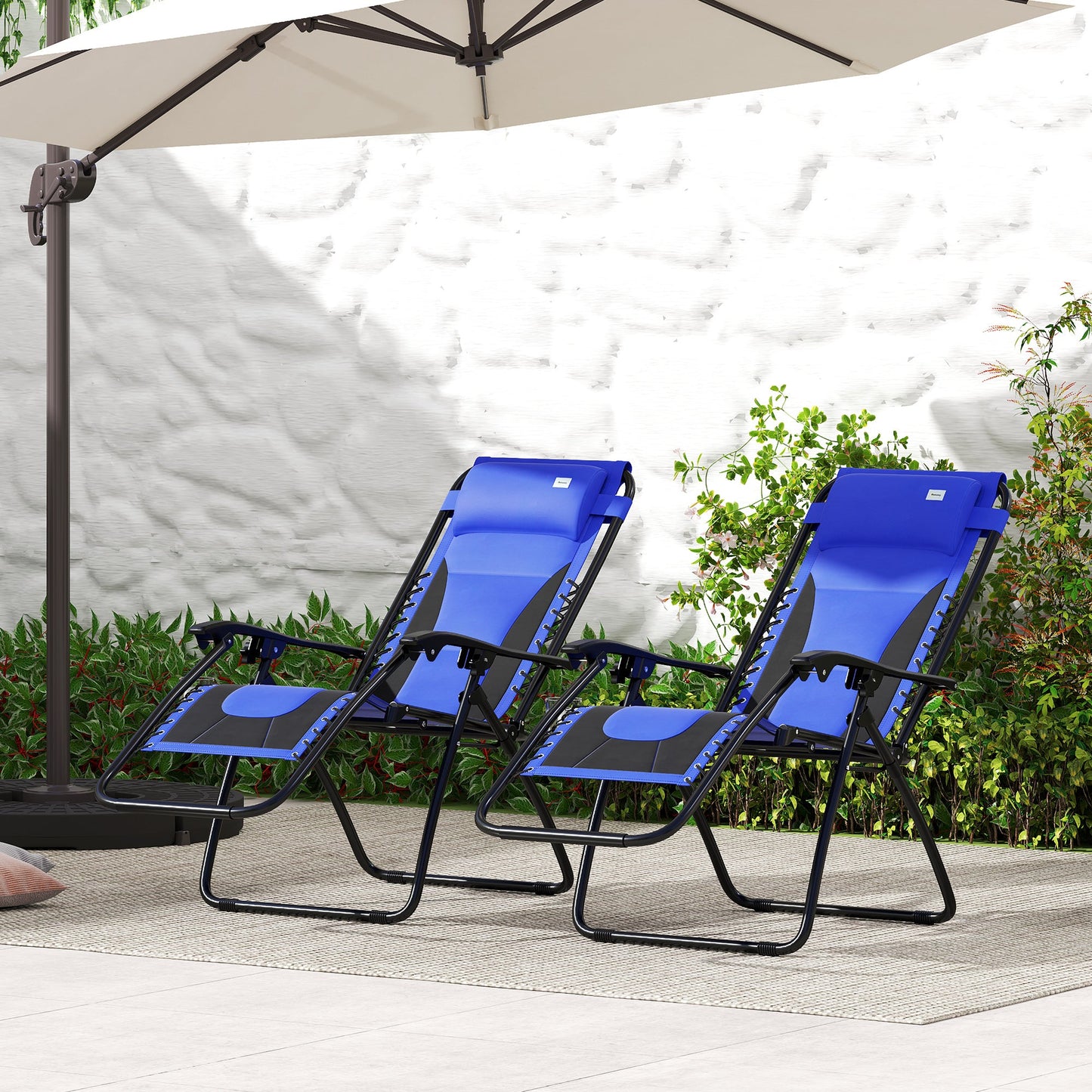 Zero Gravity Lounger Chair Set of 2, Folding Reclining Patio Chair with Padded Seat, Cup Holder, Soft Cushion and Headrest for Poolside, Camping, Blue