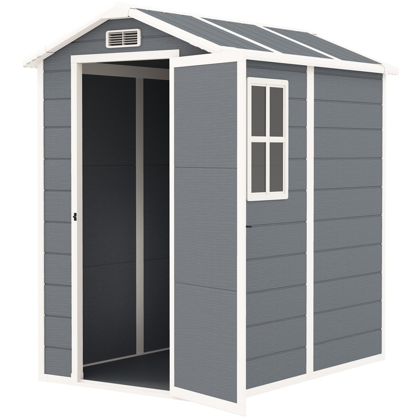 4 x 6ft Garden Shed, Plastic Shed with Floor, Window, Lockable Door and Vents, Resin Tool Shed for Outdoor Patio Storage, Zero Maintenance, Grey