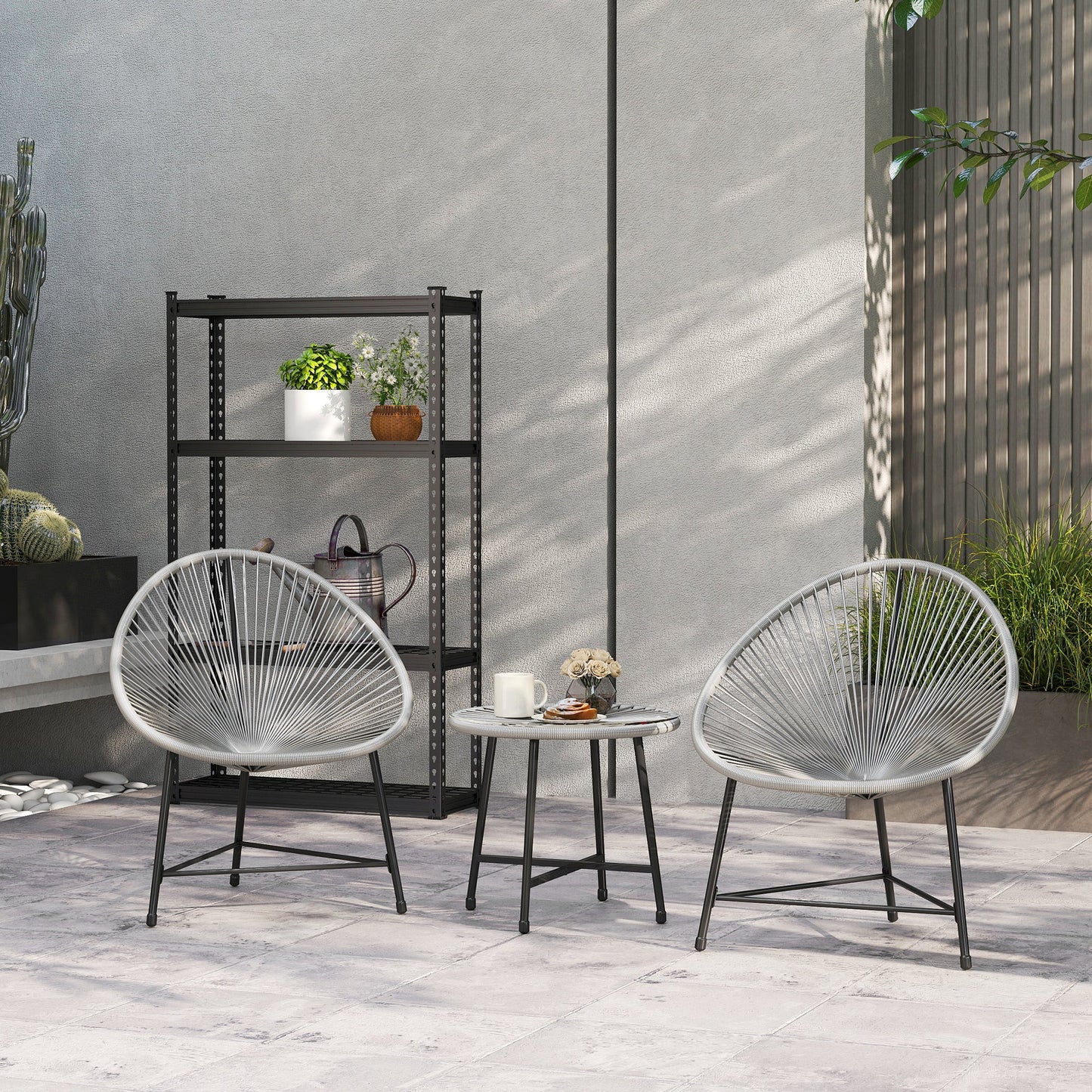 3 Pieces Rattan Bistro Set, Garden Bistro Set with Acapulco Chairs and Glass Top Table, Small Garden Furniture Set with Reinforced Metal Frame for Outdoor, Patio, Balcony, Grey