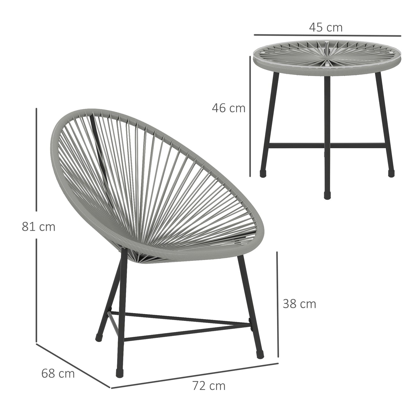 3 Pieces Rattan Bistro Set, Garden Bistro Set with Acapulco Chairs and Glass Top Table, Small Garden Furniture Set with Reinforced Metal Frame for Outdoor, Patio, Balcony, Grey
