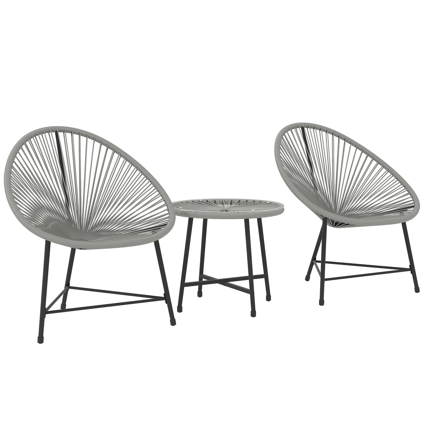 3 Pieces Rattan Bistro Set, Garden Bistro Set with Acapulco Chairs and Glass Top Table, Small Garden Furniture Set with Reinforced Metal Frame for Outdoor, Patio, Balcony, Grey