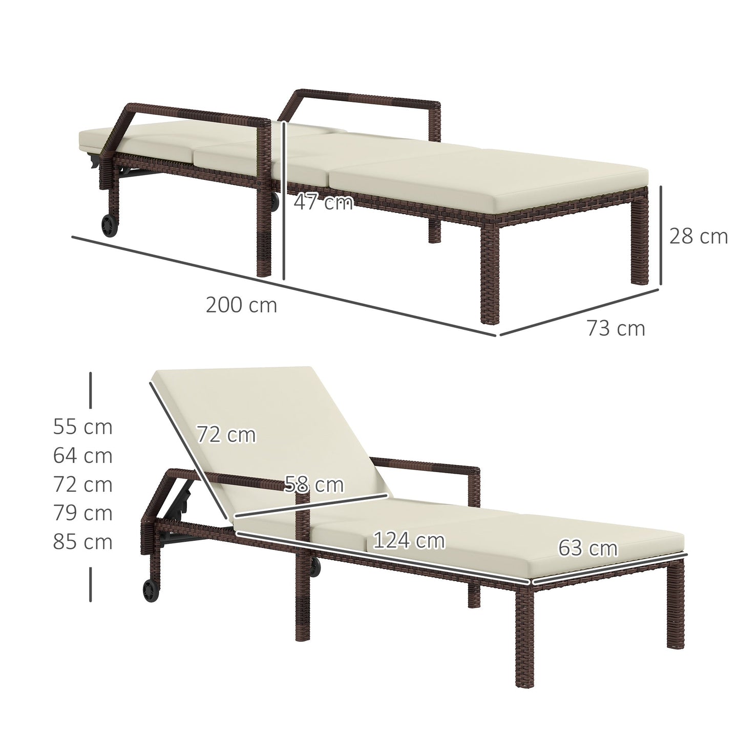 Outdoor PE Rattan Sun Lounger, 5-Level Adjustable Backrest Wicker Outdoor Chaise Recliner, Garden Chair with 2 Wheels, Cream White