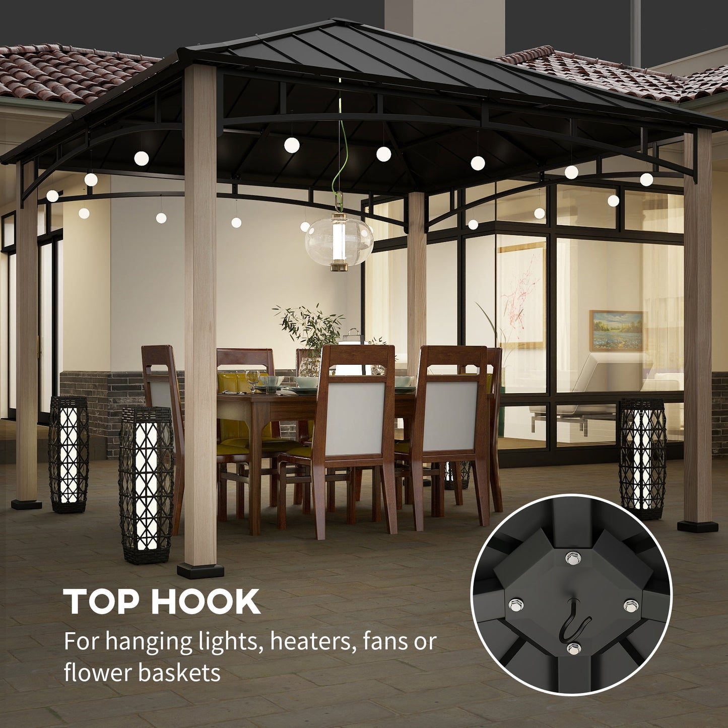 3 x 3(m) Hardtop Gazebo Canopy with Galvanised Metal Roof, Garden Gazebo Permanent Pavilion with Wood Grain Strong Columns and Top Hook for Patio, Deck