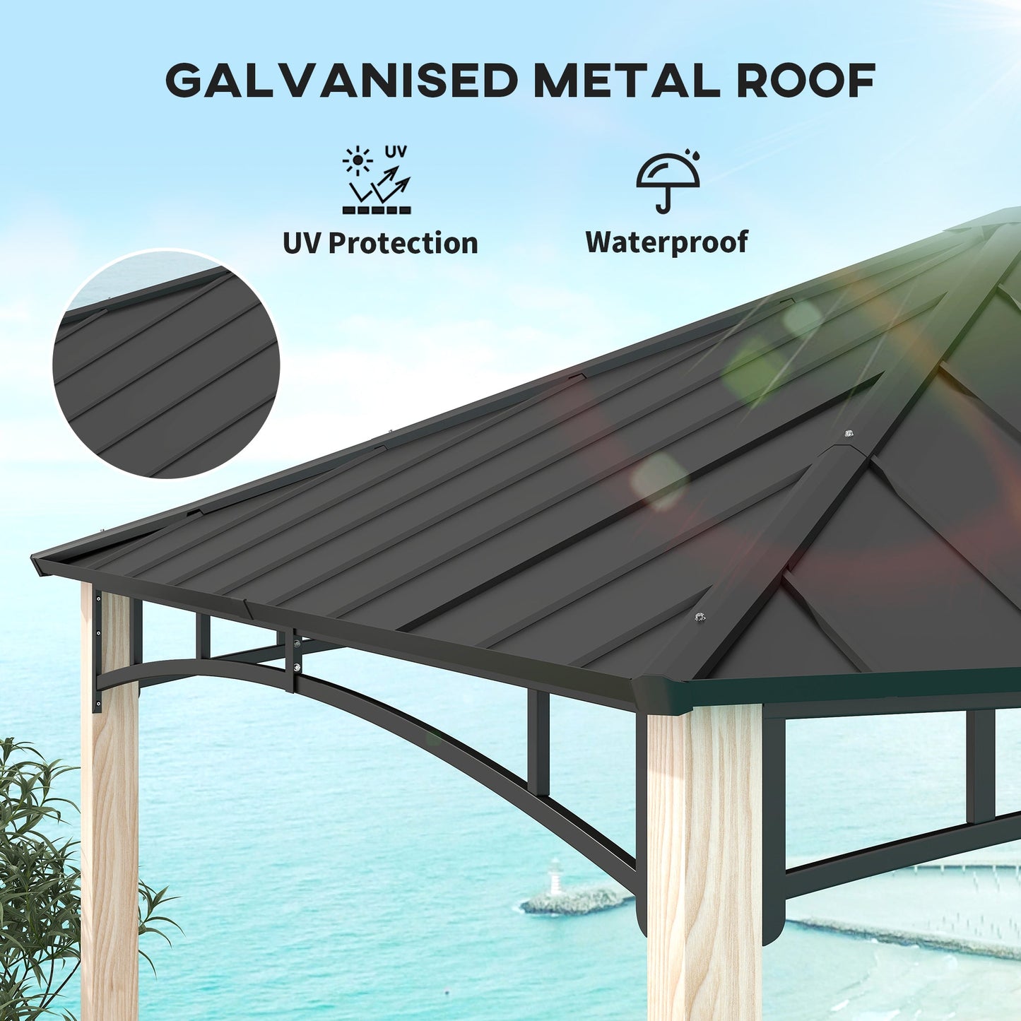 3 x 3(m) Hardtop Gazebo Canopy with Galvanised Metal Roof, Garden Gazebo Permanent Pavilion with Wood Grain Strong Columns and Top Hook for Patio, Deck