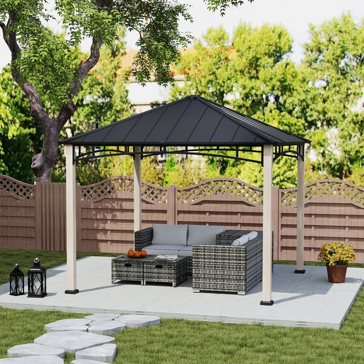 3 x 3(m) Hardtop Gazebo Canopy with Galvanised Metal Roof, Garden Gazebo Permanent Pavilion with Wood Grain Strong Columns and Top Hook for Patio, Deck