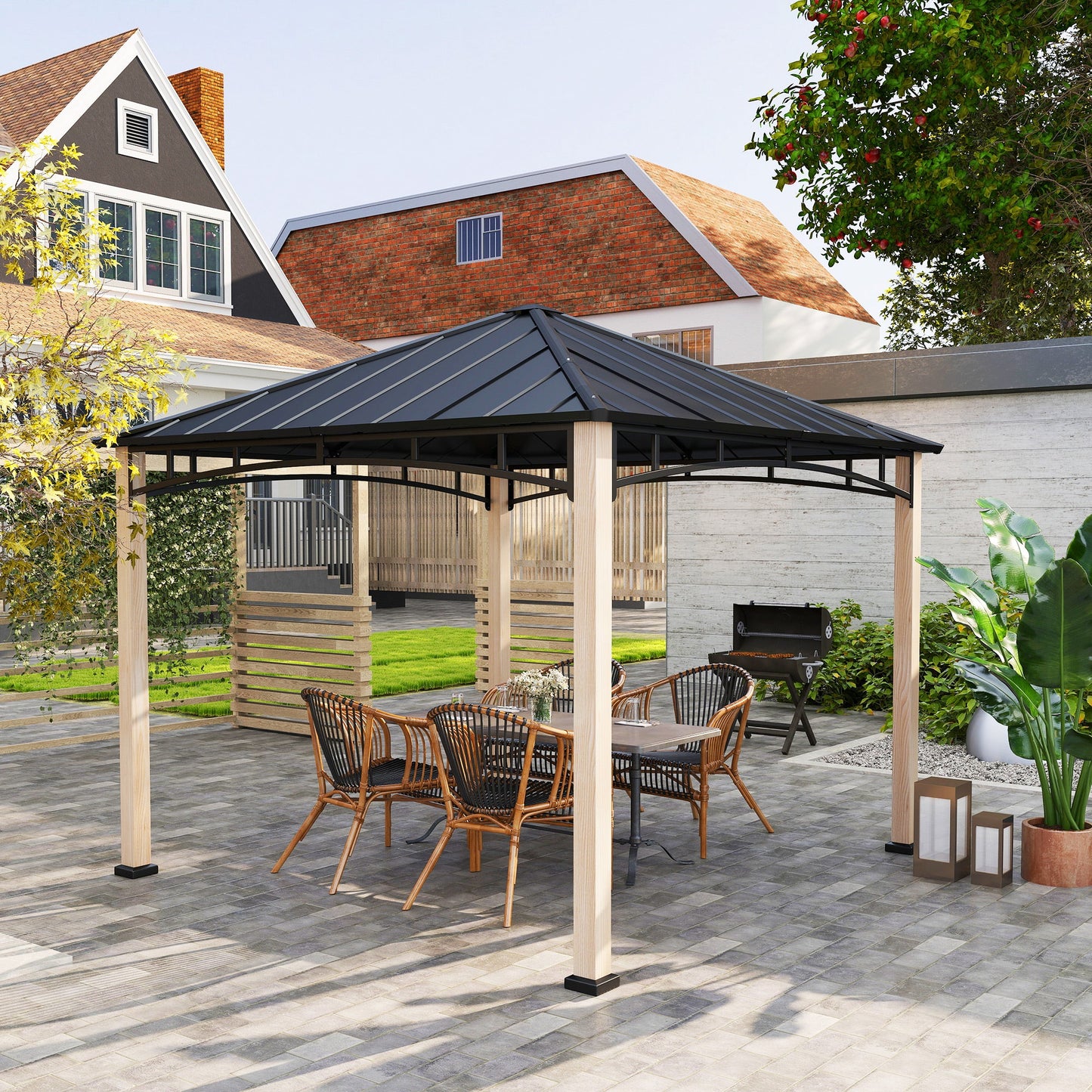 3 x 3(m) Hardtop Gazebo Canopy with Galvanised Metal Roof, Garden Gazebo Permanent Pavilion with Wood Grain Strong Columns and Top Hook for Patio, Deck