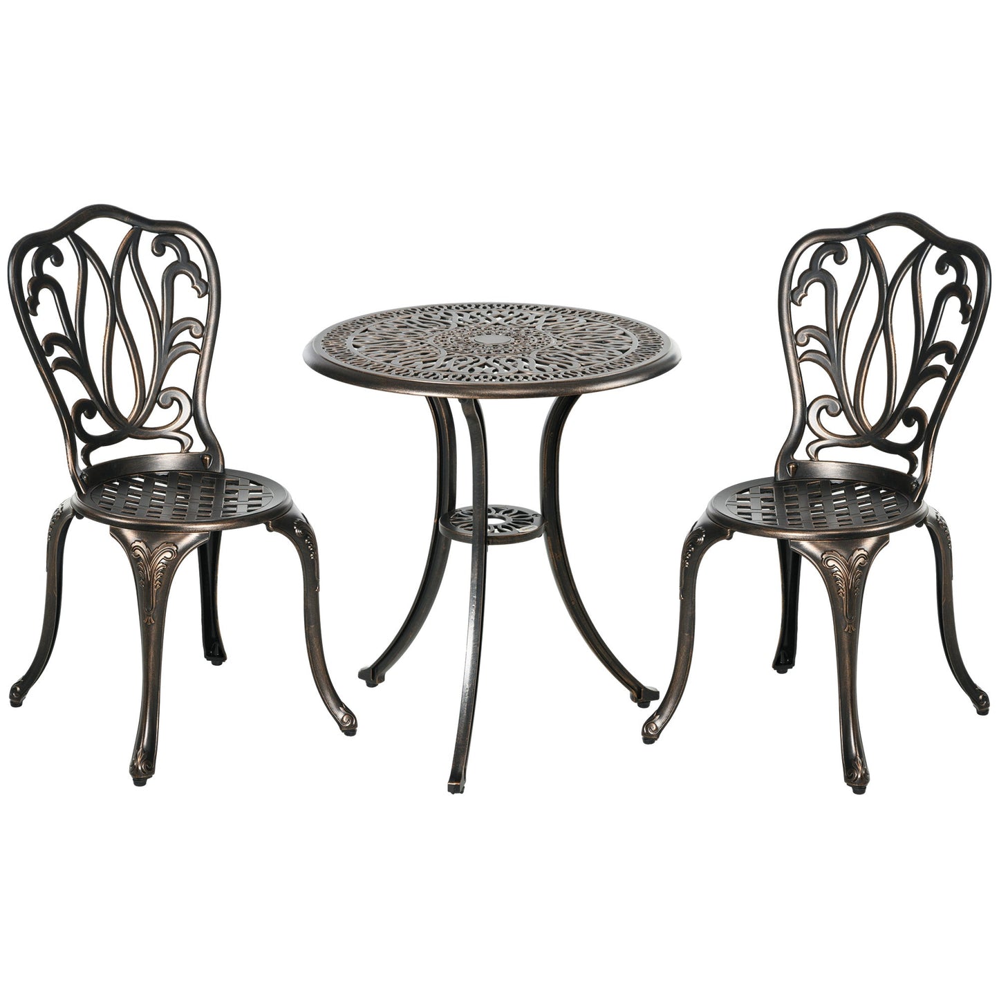 3 Piece Garden Bistro Set, Cast Aluminium Outdoor Furniture Set with Umbrella Hole for Balcony, Porch, Patio, Bronze Tone