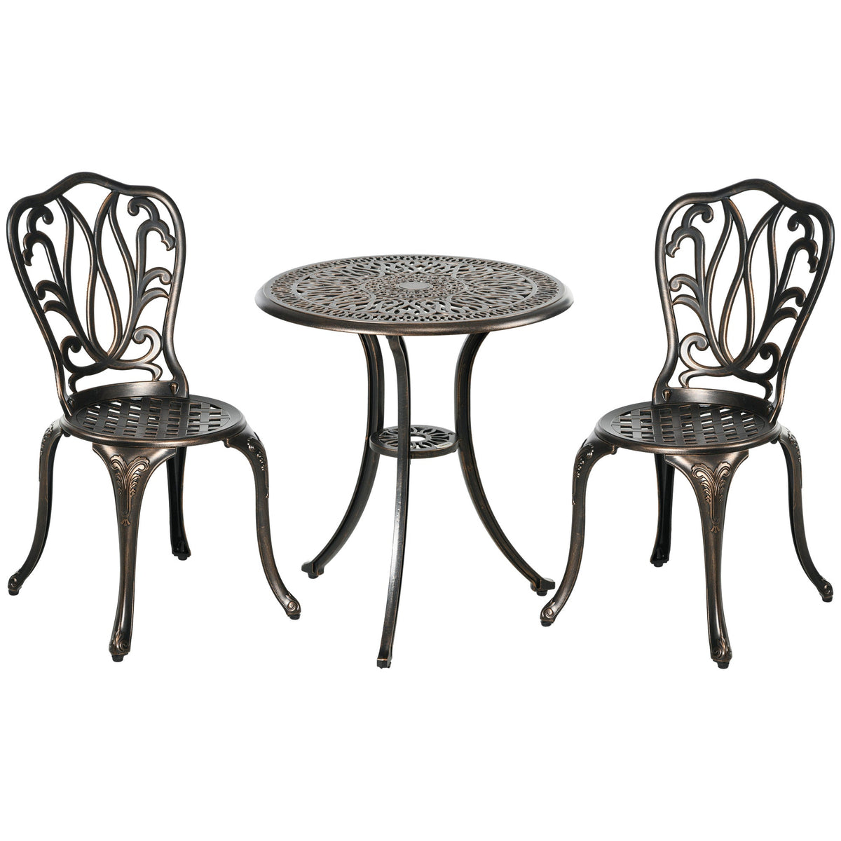 3 Piece Garden Bistro Set, Cast Aluminium Outdoor Furniture Set with Umbrella Hole for Balcony, Porch, Patio, Bronze Tone
