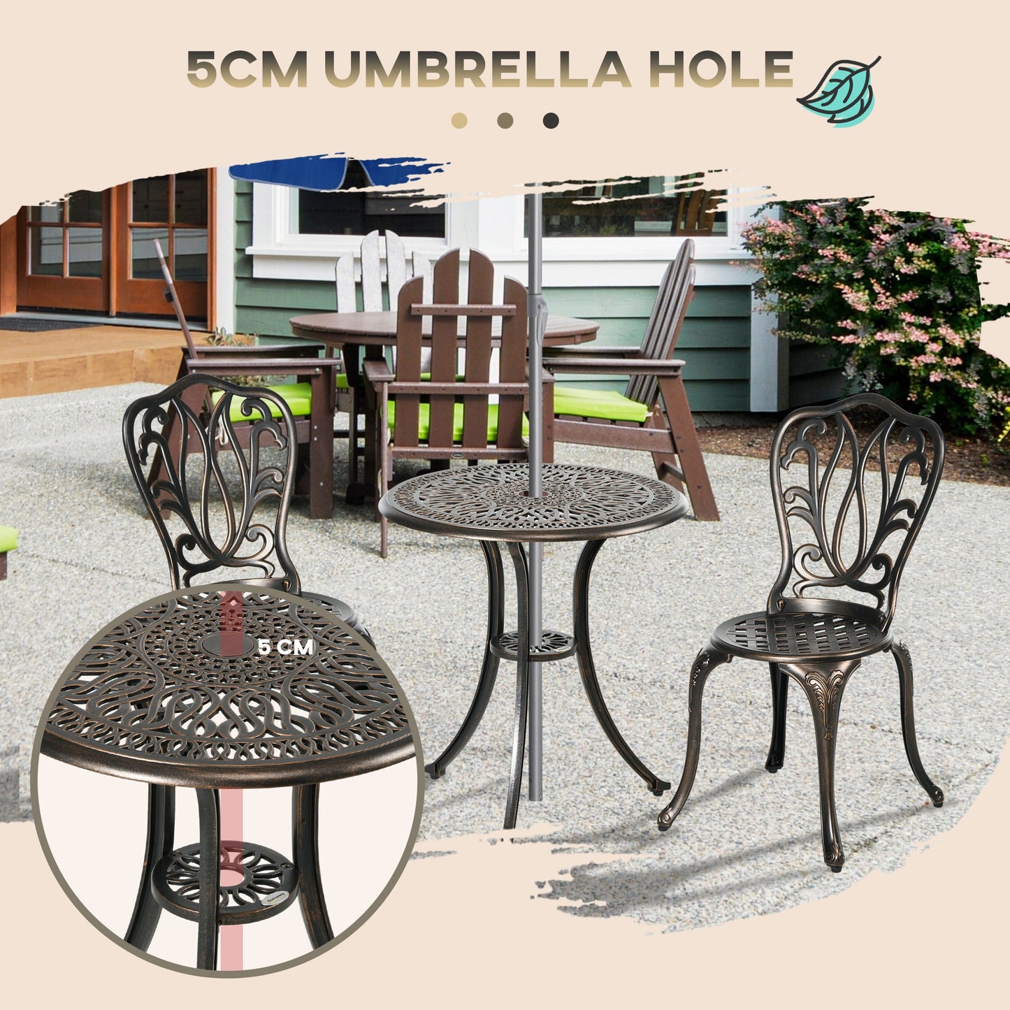 3 Piece Garden Bistro Set, Cast Aluminium Outdoor Furniture Set with Umbrella Hole for Balcony, Porch, Patio, Bronze Tone