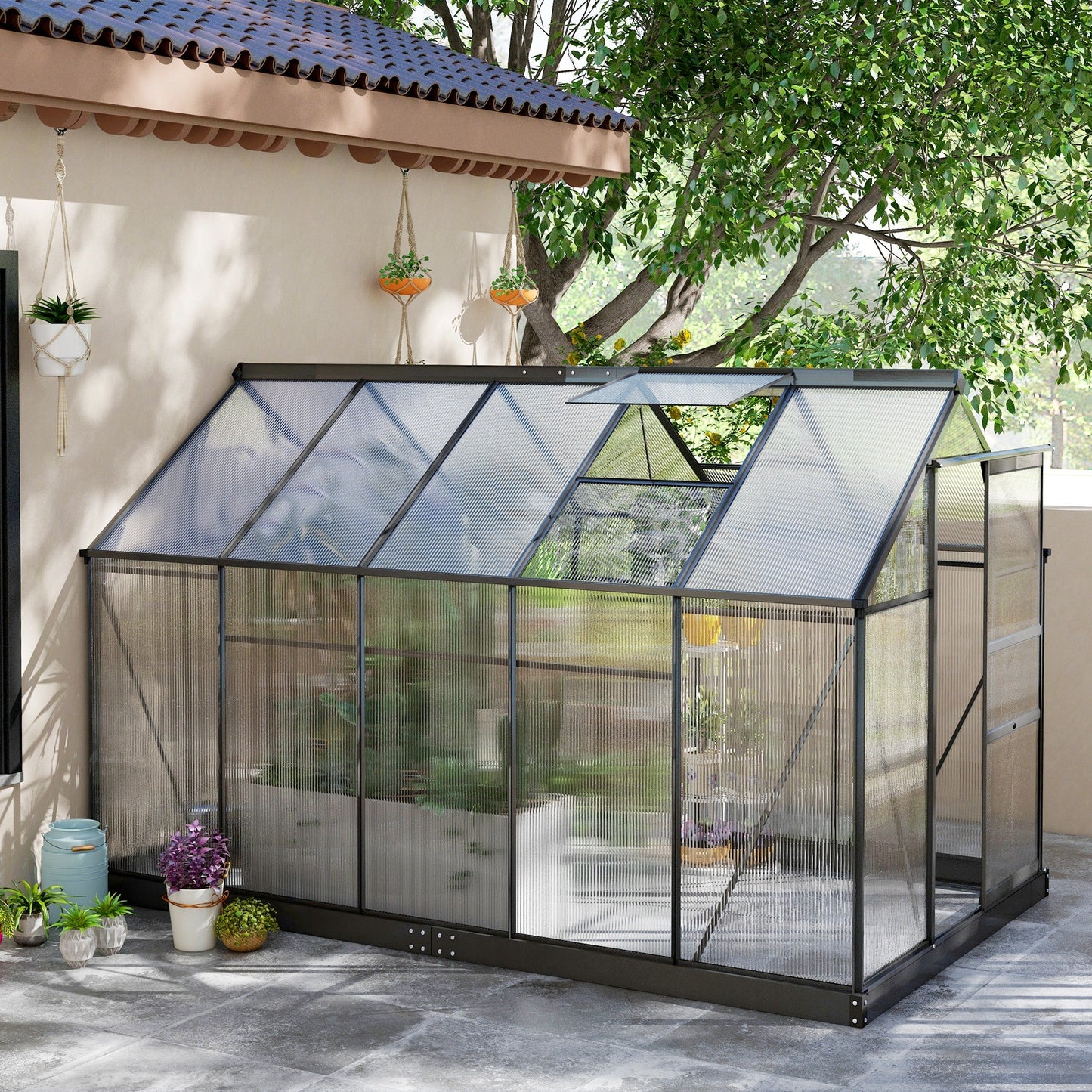 6 x 10ft Polycarbonate Greenhouse, Large Walk-In Green House with Slide Door and Window, Garden Plants Grow House with Aluminium Frame and Foundation, Grey