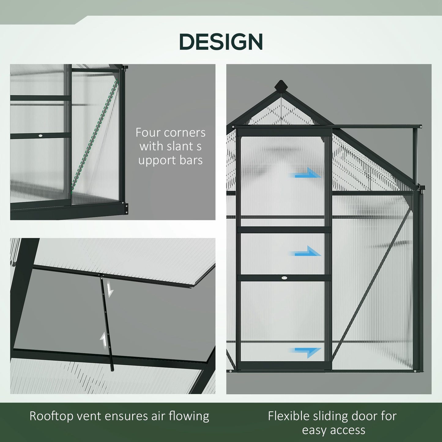 6 x 10ft Polycarbonate Greenhouse, Large Walk-In Green House with Slide Door and Window, Garden Plants Grow House with Aluminium Frame and Foundation, Grey