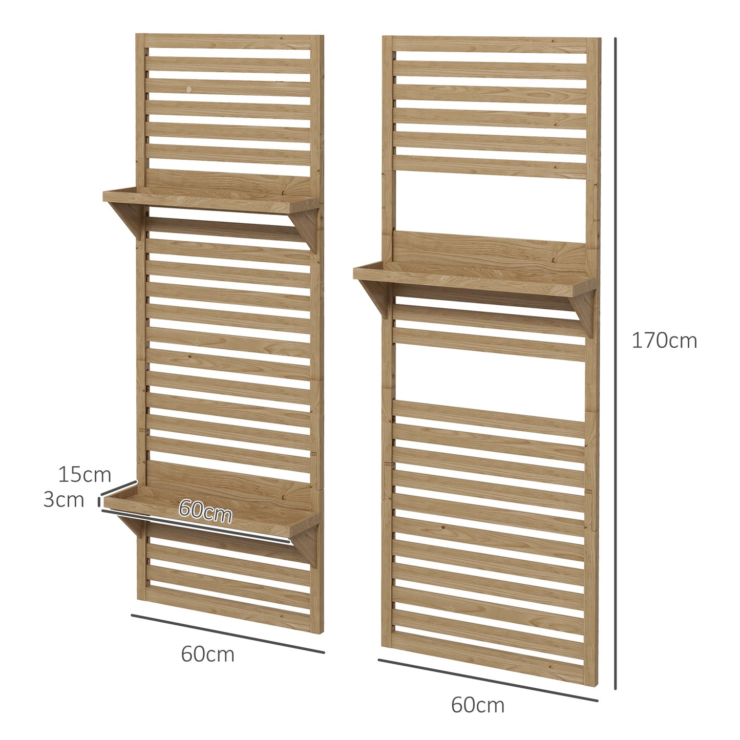 2-pieces Outdoor Plant Stands with Hanging Planter Shelves and Slatted Trellis for Climbing Plants, 170cm Wall Mount Wooden Plant Rack for Patio, Balcony, Porch, Natural