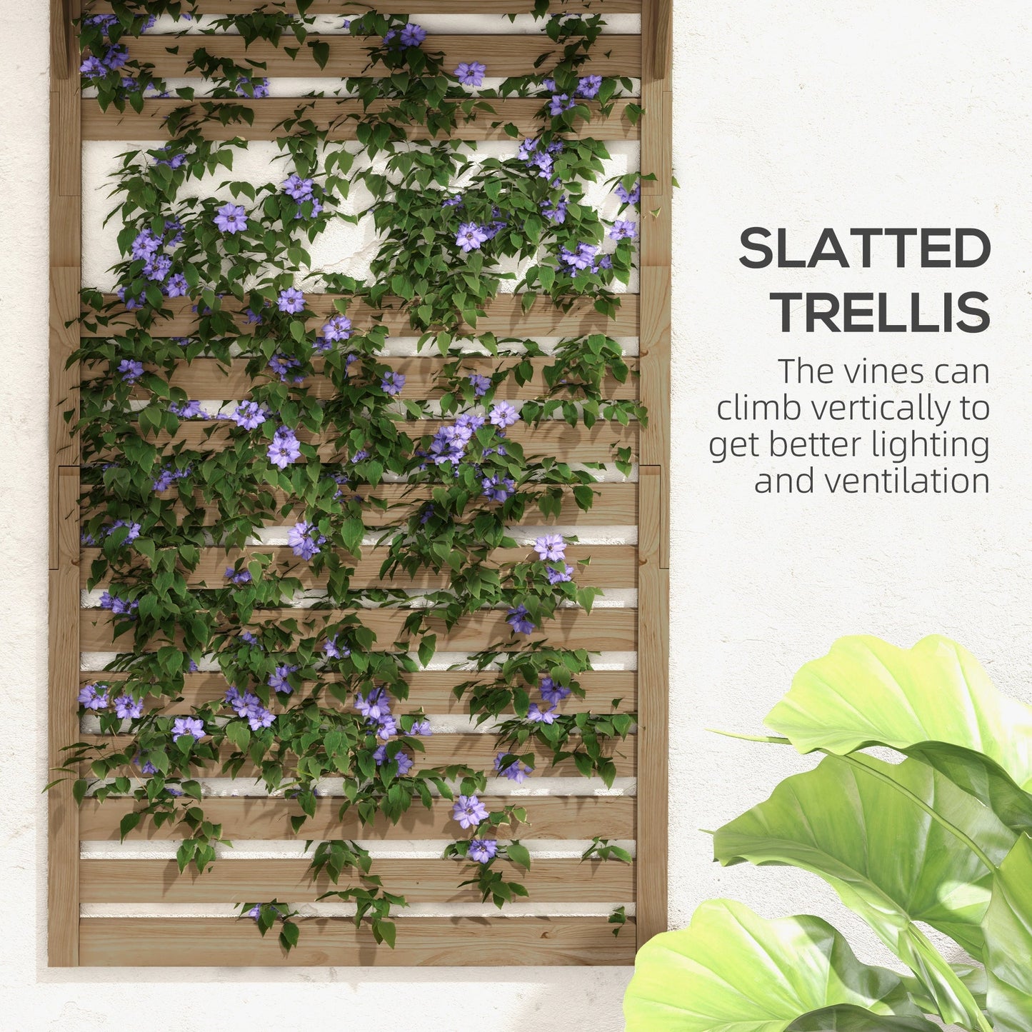2-pieces Outdoor Plant Stands with Hanging Planter Shelves and Slatted Trellis for Climbing Plants, 170cm Wall Mount Wooden Plant Rack for Patio, Balcony, Porch, Natural
