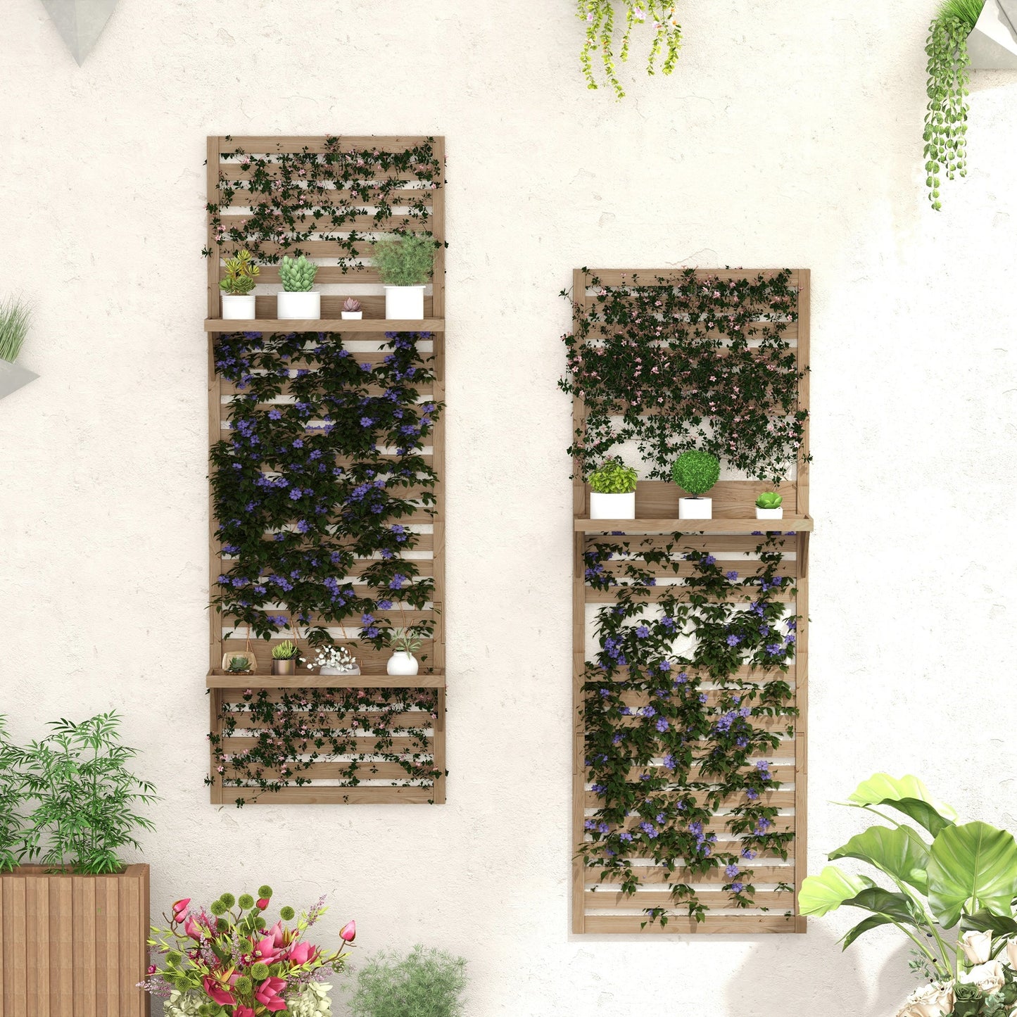2-pieces Outdoor Plant Stands with Hanging Planter Shelves and Slatted Trellis for Climbing Plants, 170cm Wall Mount Wooden Plant Rack for Patio, Balcony, Porch, Natural