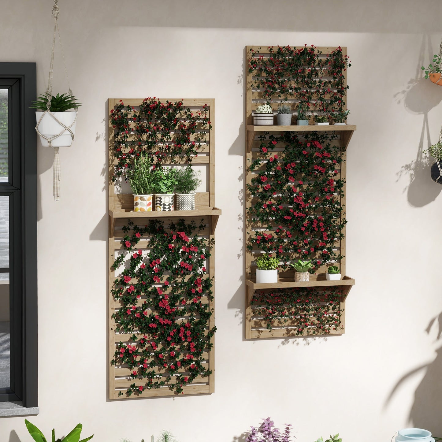 2-pieces Outdoor Plant Stands with Hanging Planter Shelves and Slatted Trellis for Climbing Plants, 170cm Wall Mount Wooden Plant Rack for Patio, Balcony, Porch, Natural