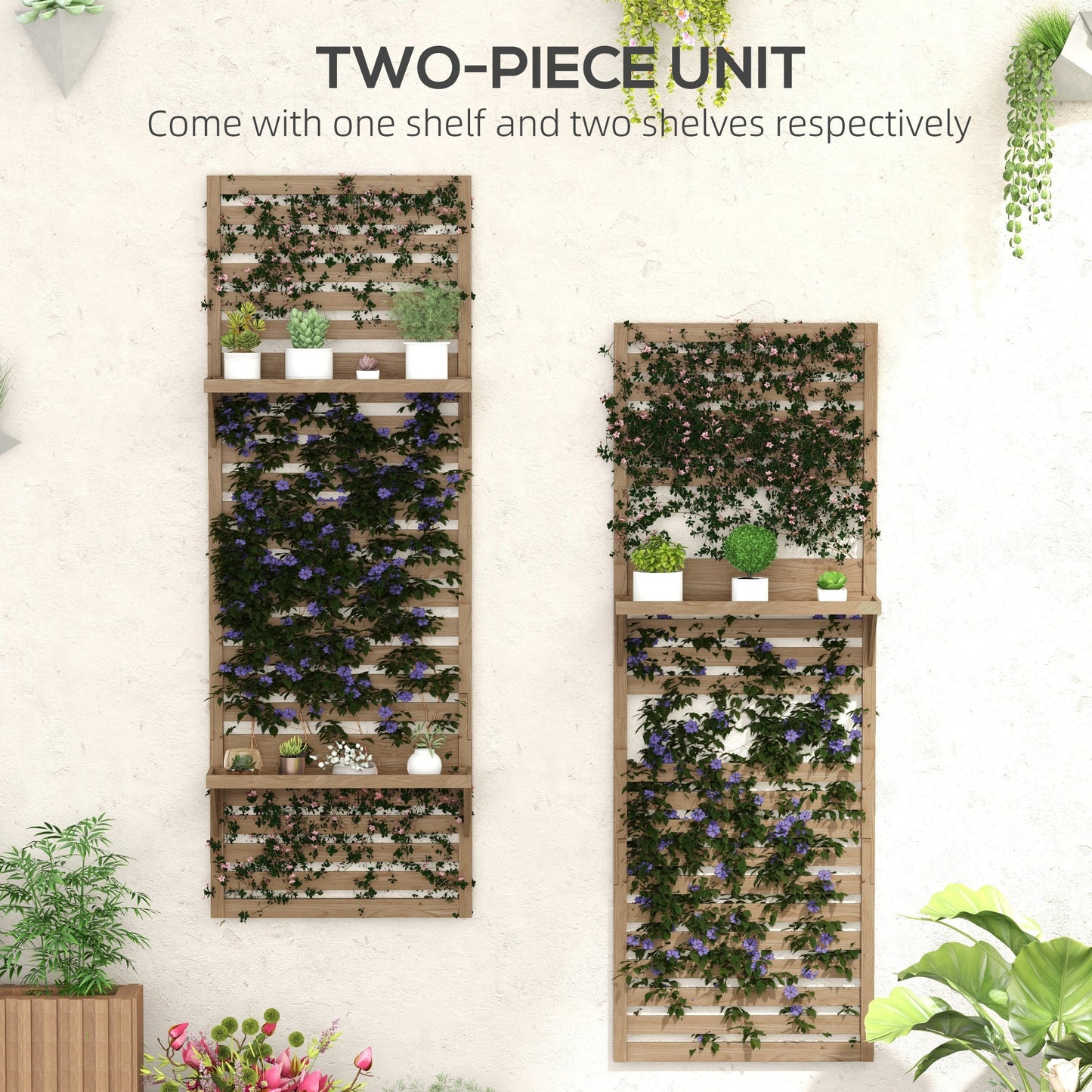 2-pieces Outdoor Plant Stands with Hanging Planter Shelves and Slatted Trellis for Climbing Plants, 170cm Wall Mount Wooden Plant Rack for Patio, Balcony, Porch, Natural