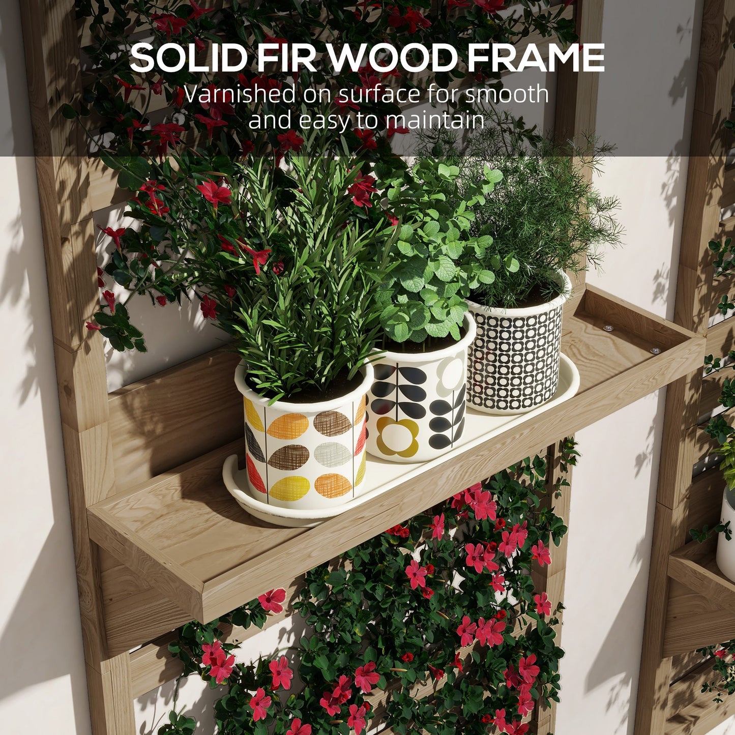 2-pieces Outdoor Plant Stands with Hanging Planter Shelves and Slatted Trellis for Climbing Plants, 170cm Wall Mount Wooden Plant Rack for Patio, Balcony, Porch, Natural