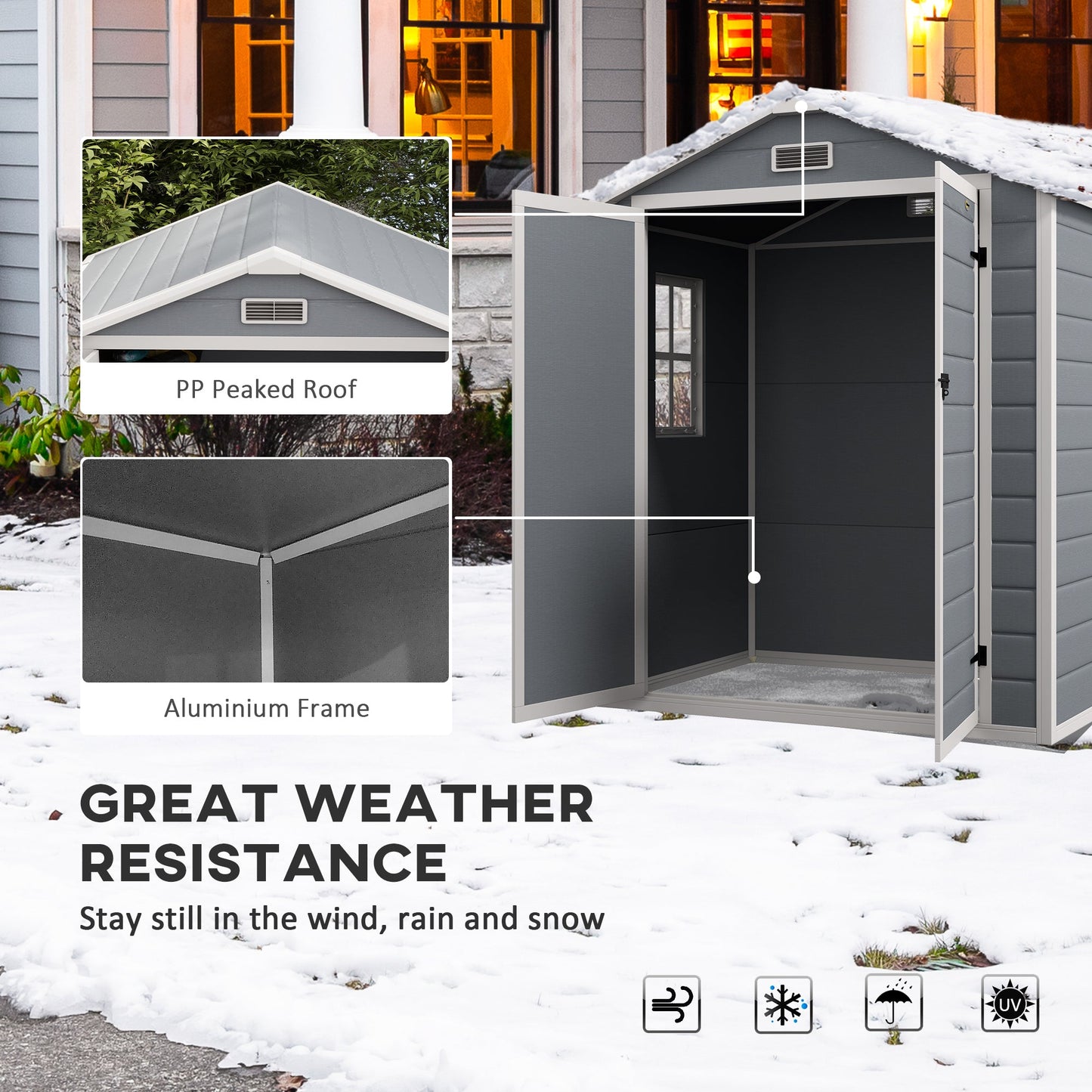 6 x 4.5FT Plastic Garden Shed with Floor, Lockable Tool Storage House with Window, Vent and Plastic Roof, Grey