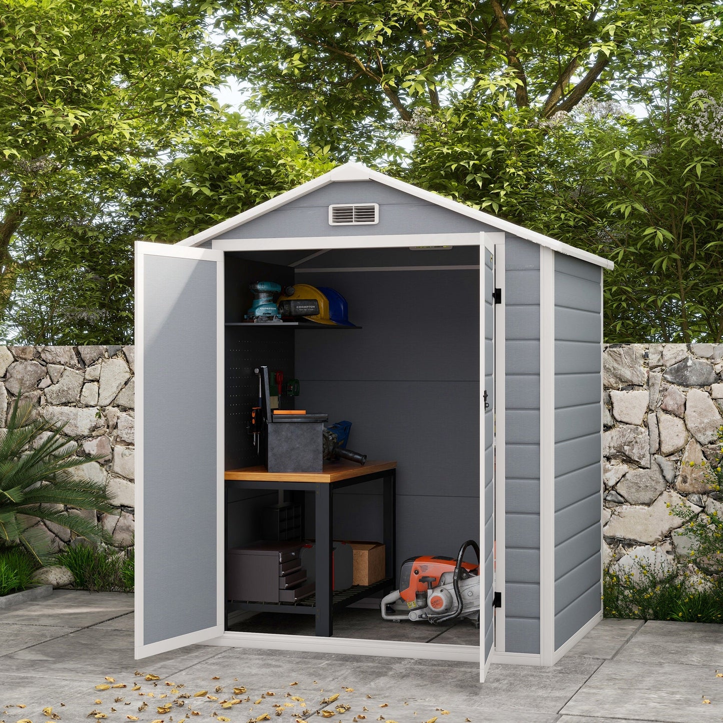 6 x 4.5FT Plastic Garden Shed with Floor, Lockable Tool Storage House with Window, Vent and Plastic Roof, Grey