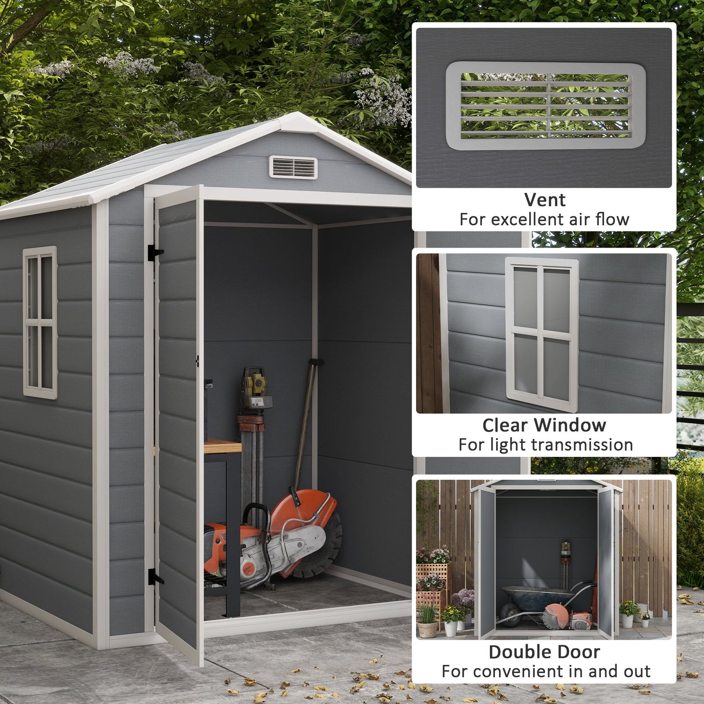 6 x 4.5FT Plastic Garden Shed with Floor, Lockable Tool Storage House with Window, Vent and Plastic Roof, Grey