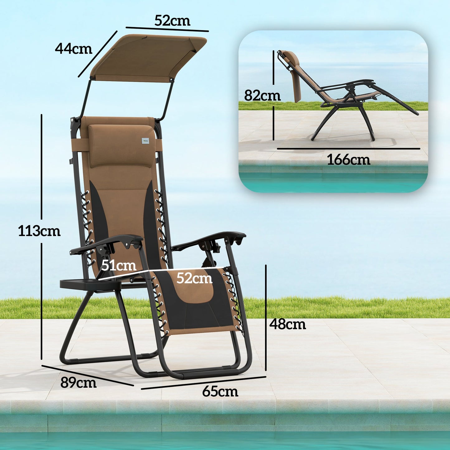 Zero Gravity Lounger Chair Set of 2, Folding Reclining Patio Chair with Shade Cover, Cup Holder, Soft Cushion and Headrest for Poolside, Camping, Coffee