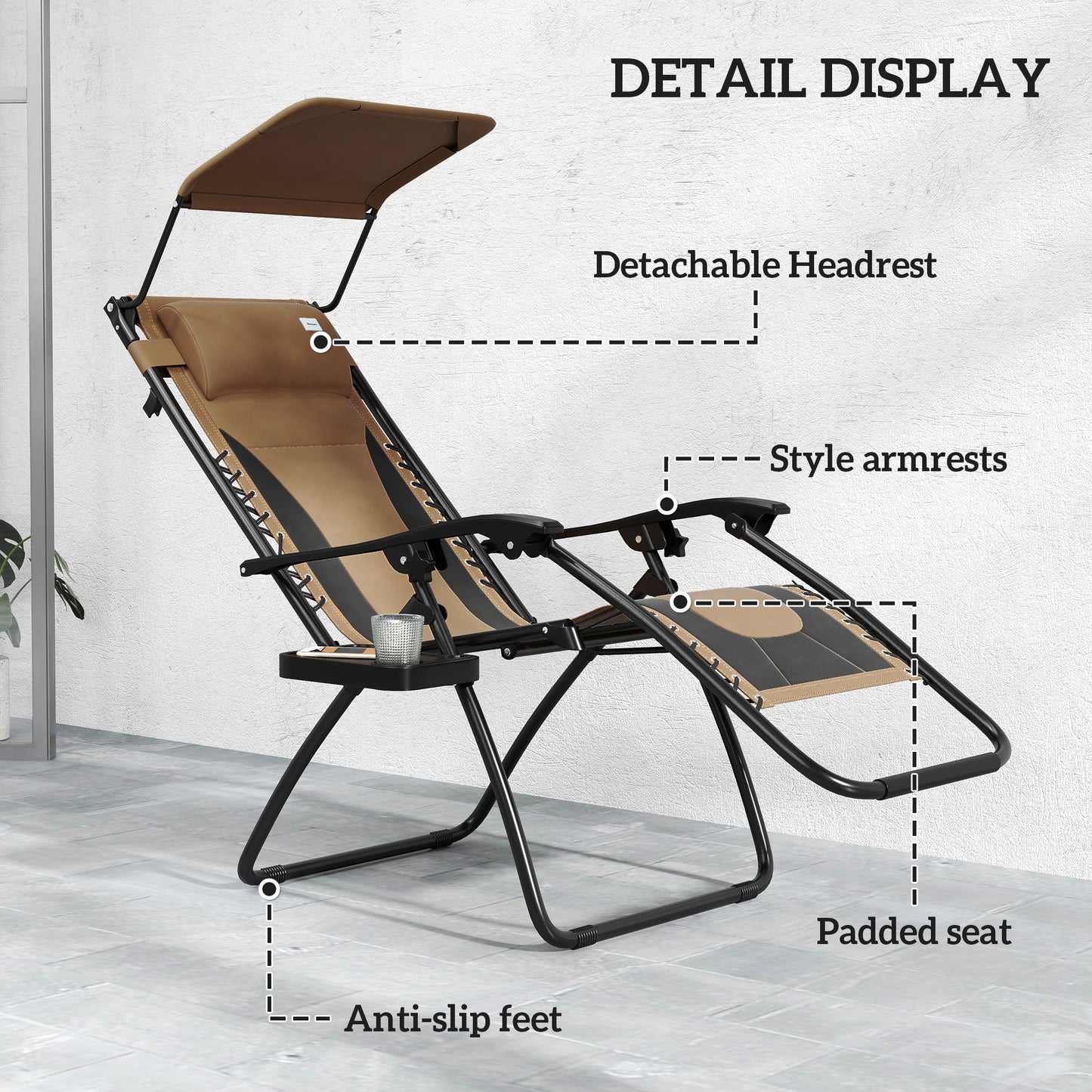 Zero Gravity Lounger Chair Set of 2, Folding Reclining Patio Chair with Shade Cover, Cup Holder, Soft Cushion and Headrest for Poolside, Camping, Coffee