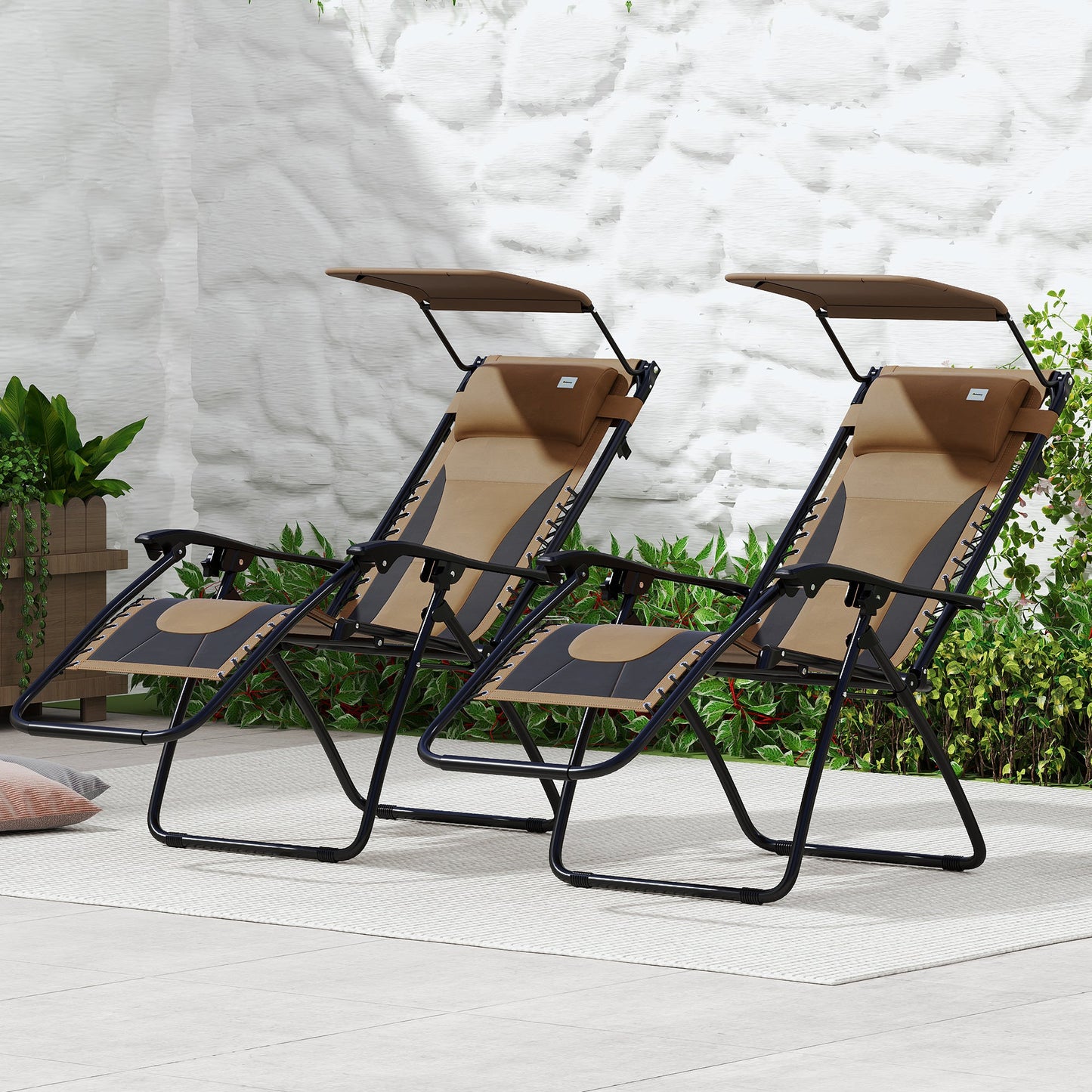 Zero Gravity Lounger Chair Set of 2, Folding Reclining Patio Chair with Shade Cover, Cup Holder, Soft Cushion and Headrest for Poolside, Camping, Coffee