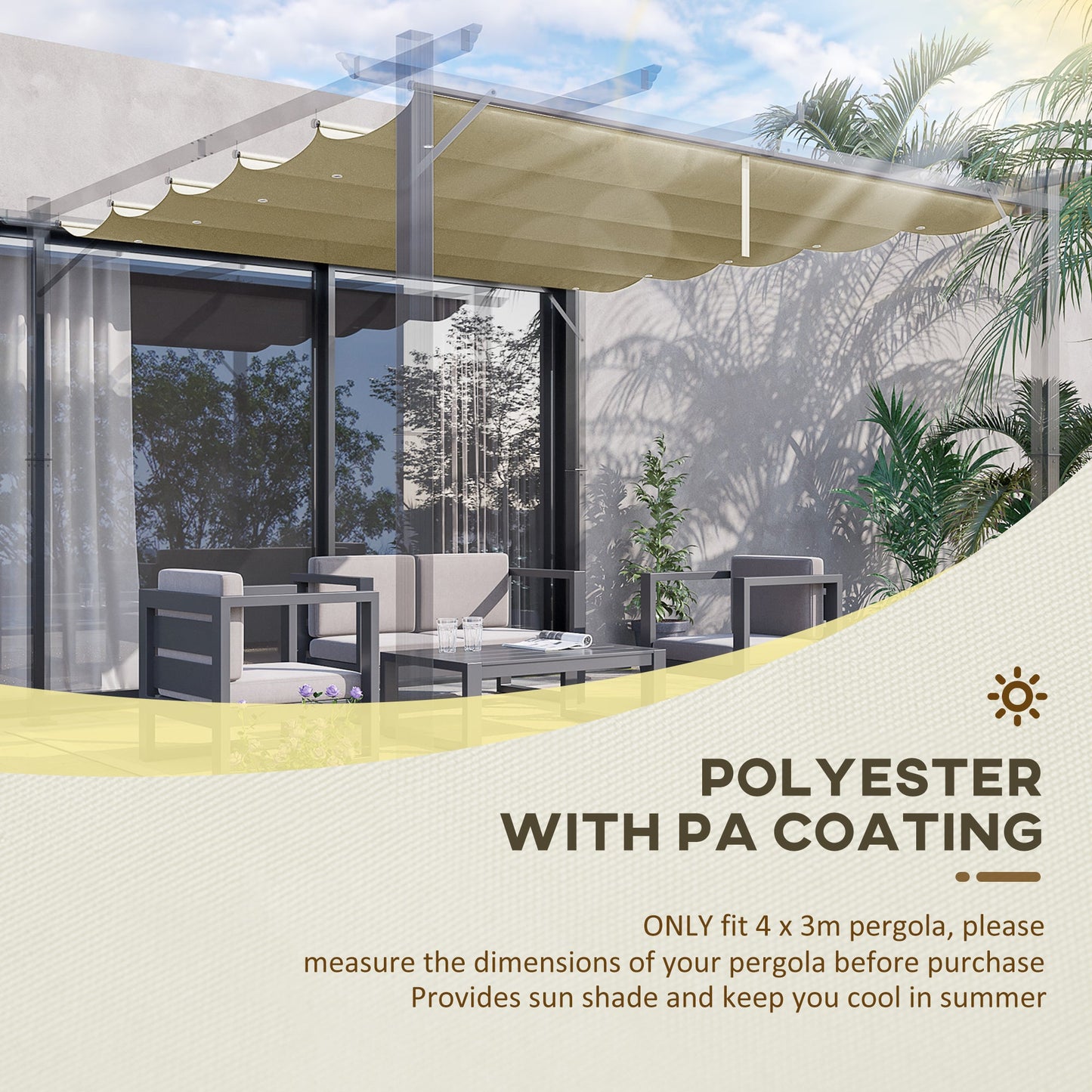 Retractable Pergola Shade Cover, Replacement Canopy Fabric for 4 x 3 (m) Pergola, Gazebo Retractable Roof, Beige