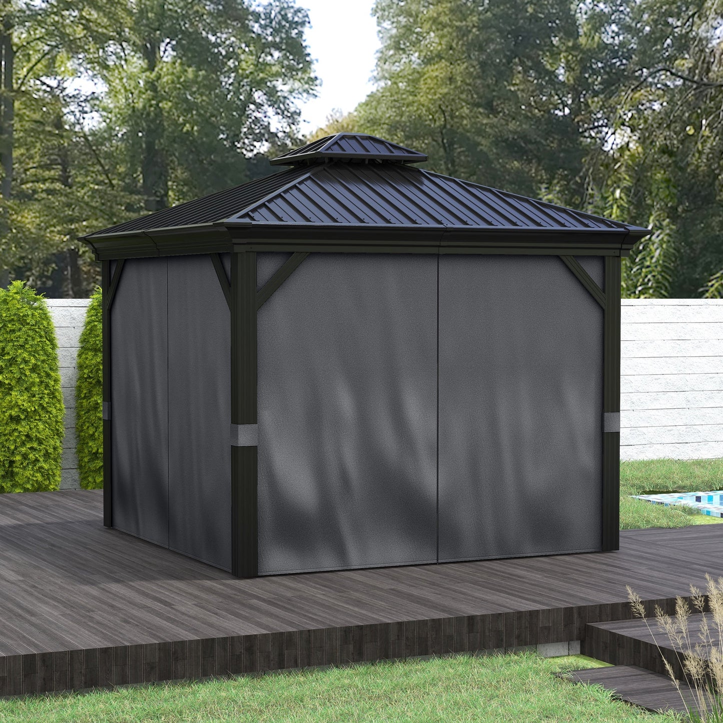 3 x 3.7m Outdoor Hardtop Gazebo Canopy Aluminium Frame with 2-Tier Roof & Mesh Netting Sidewalls for Patio, Dark Grey