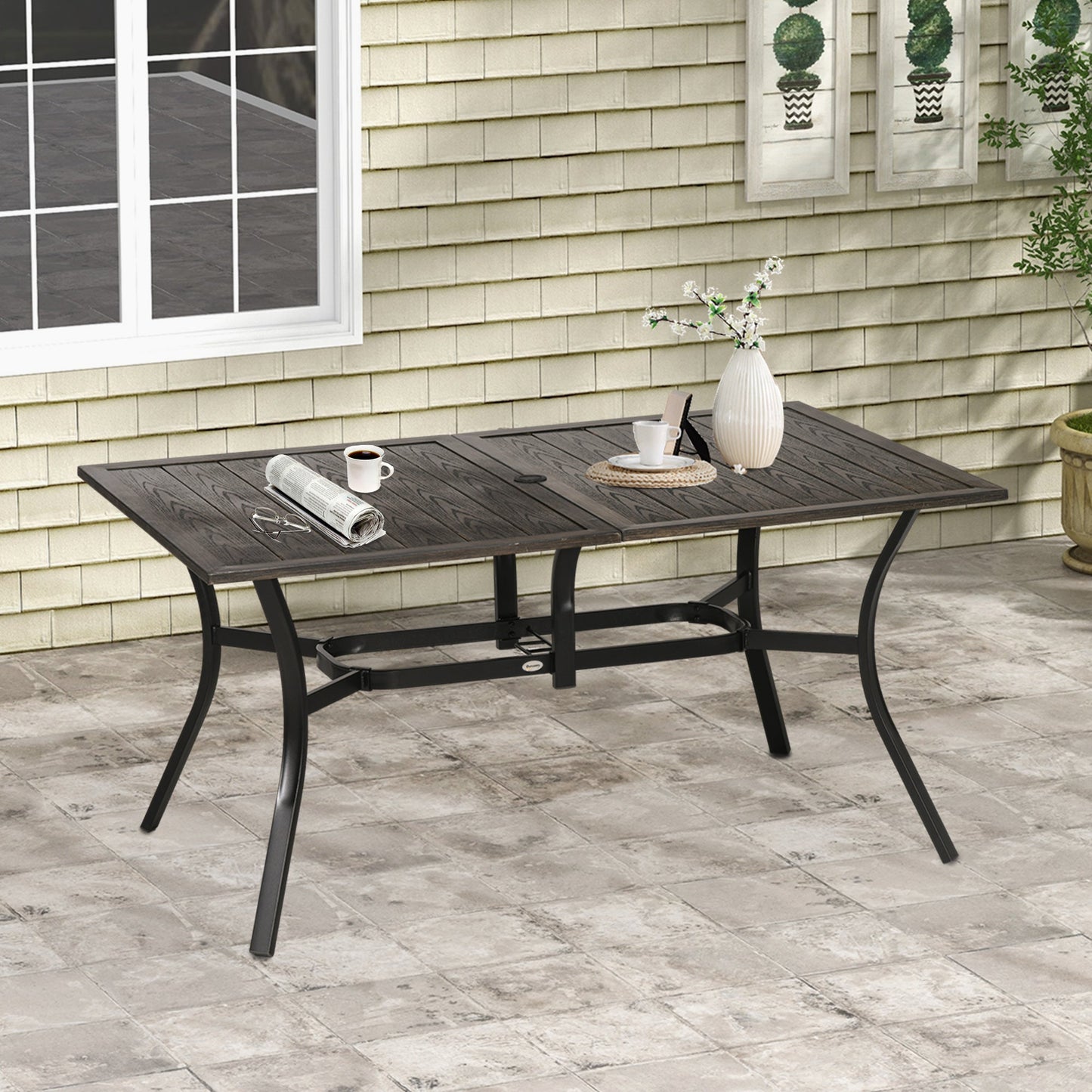 Garden Table with Parasol Hole, Outdoor Garden Dining Table with Wood Grain Tabletop and Steel Frame for Patio, Deck, Balcony, Brown, 150 x 96 x 73cm