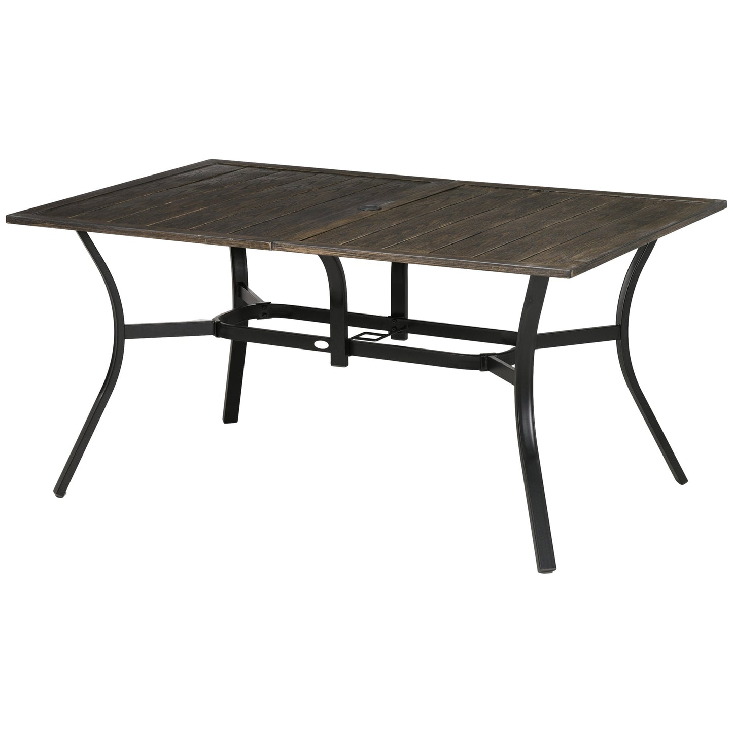Garden Table with Parasol Hole, Outdoor Garden Dining Table with Wood Grain Tabletop and Steel Frame for Patio, Deck, Balcony, Brown, 150 x 96 x 73cm