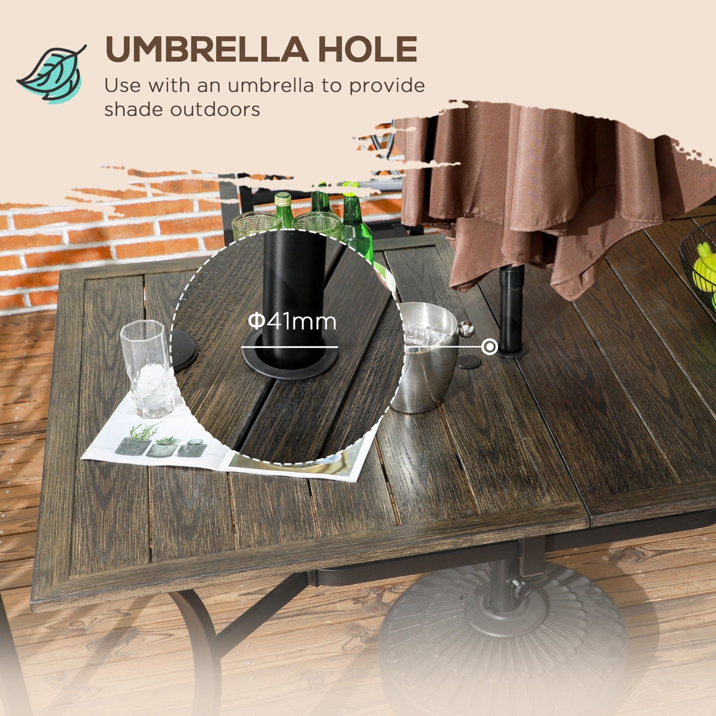 Garden Table with Parasol Hole, Outdoor Garden Dining Table with Wood Grain Tabletop and Steel Frame for Patio, Deck, Balcony, Brown, 150 x 96 x 73cm