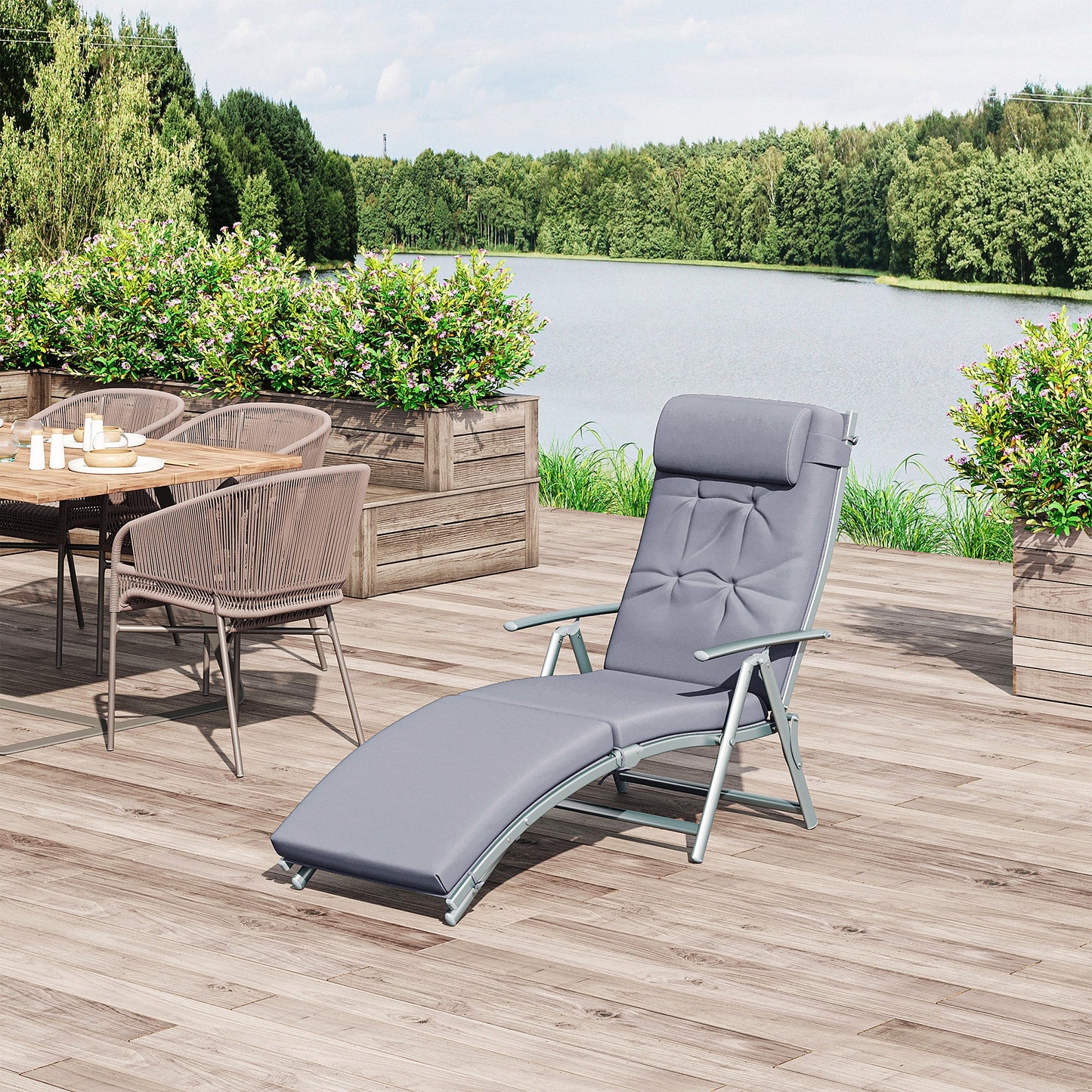 Sun Lounger Steel Frame Outdoor Folding Chaise Texteline Lounge Chair Recliner with Headrest & 7 Levels Adjustable Backrest, Grey