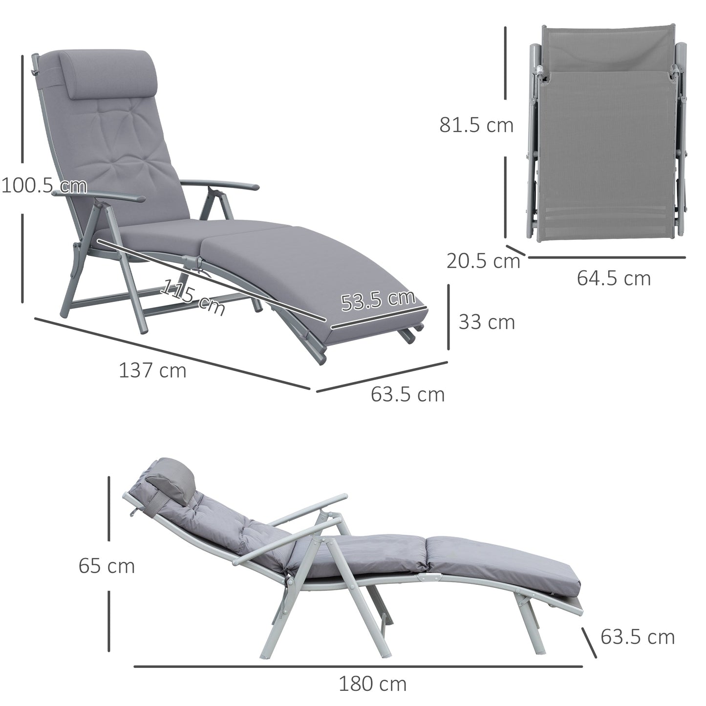 Sun Lounger Steel Frame Outdoor Folding Chaise Texteline Lounge Chair Recliner with Headrest & 7 Levels Adjustable Backrest, Grey