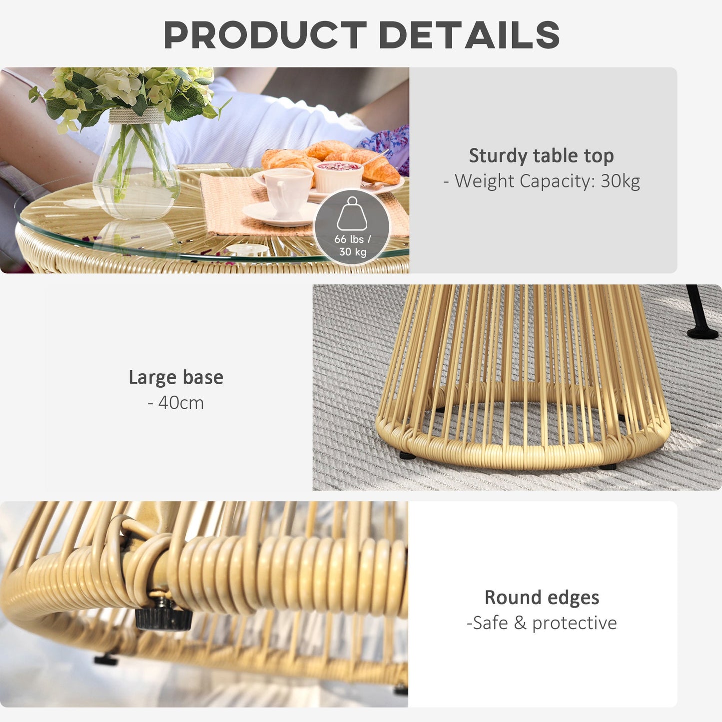 Outdoor Coffee Table, Round PE Rattan Side Table with Tempered Glass Table Top, Hollow Drum Design for Garden, Balcony, Patio, Natural