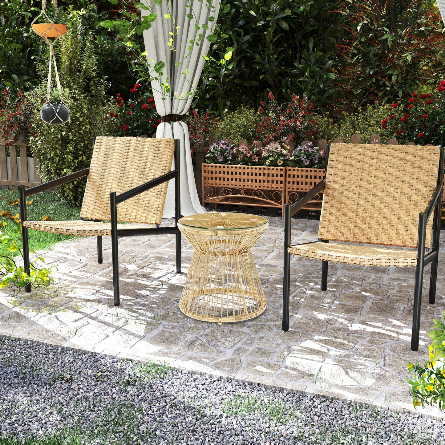 Outdoor Coffee Table, Round PE Rattan Side Table with Tempered Glass Table Top, Hollow Drum Design for Garden, Balcony, Patio, Natural