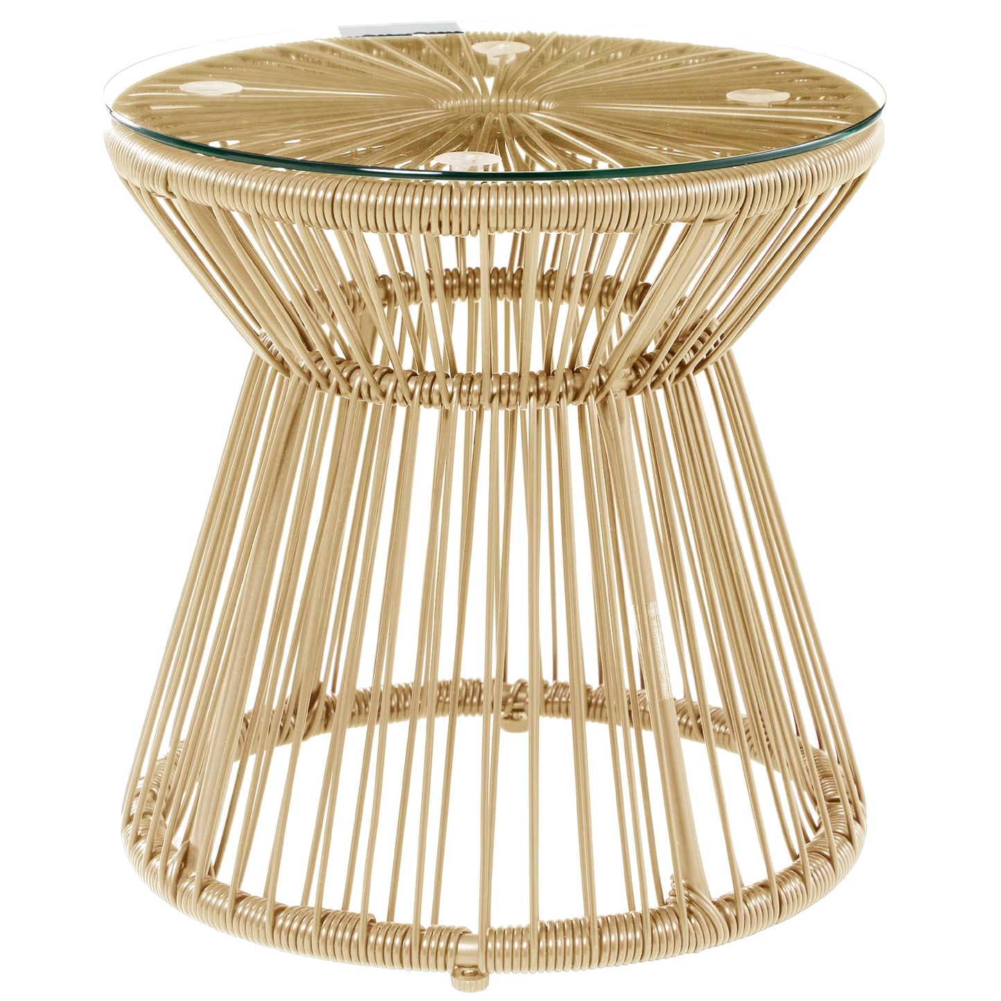 Outdoor Coffee Table, Round PE Rattan Side Table with Tempered Glass Table Top, Hollow Drum Design for Garden, Balcony, Patio, Natural