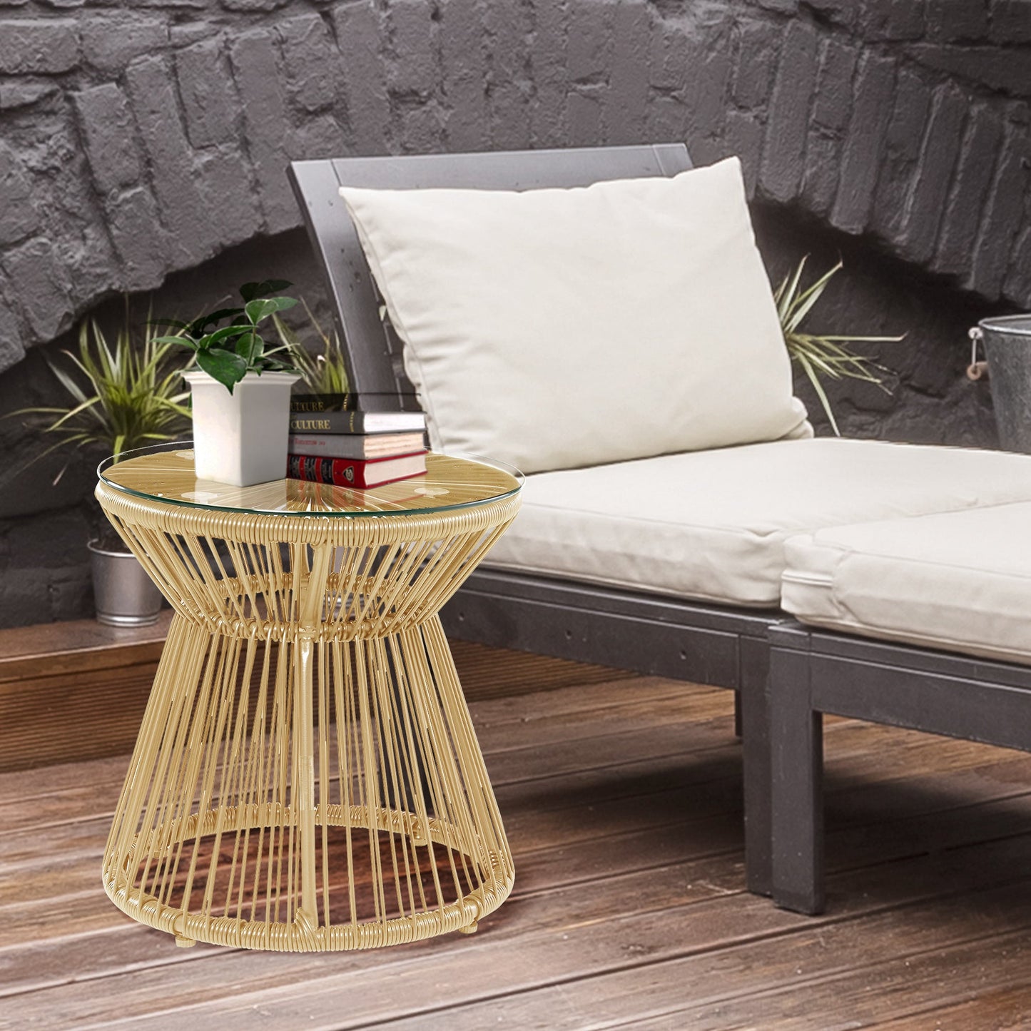 Outdoor Coffee Table, Round PE Rattan Side Table with Tempered Glass Table Top, Hollow Drum Design for Garden, Balcony, Patio, Natural