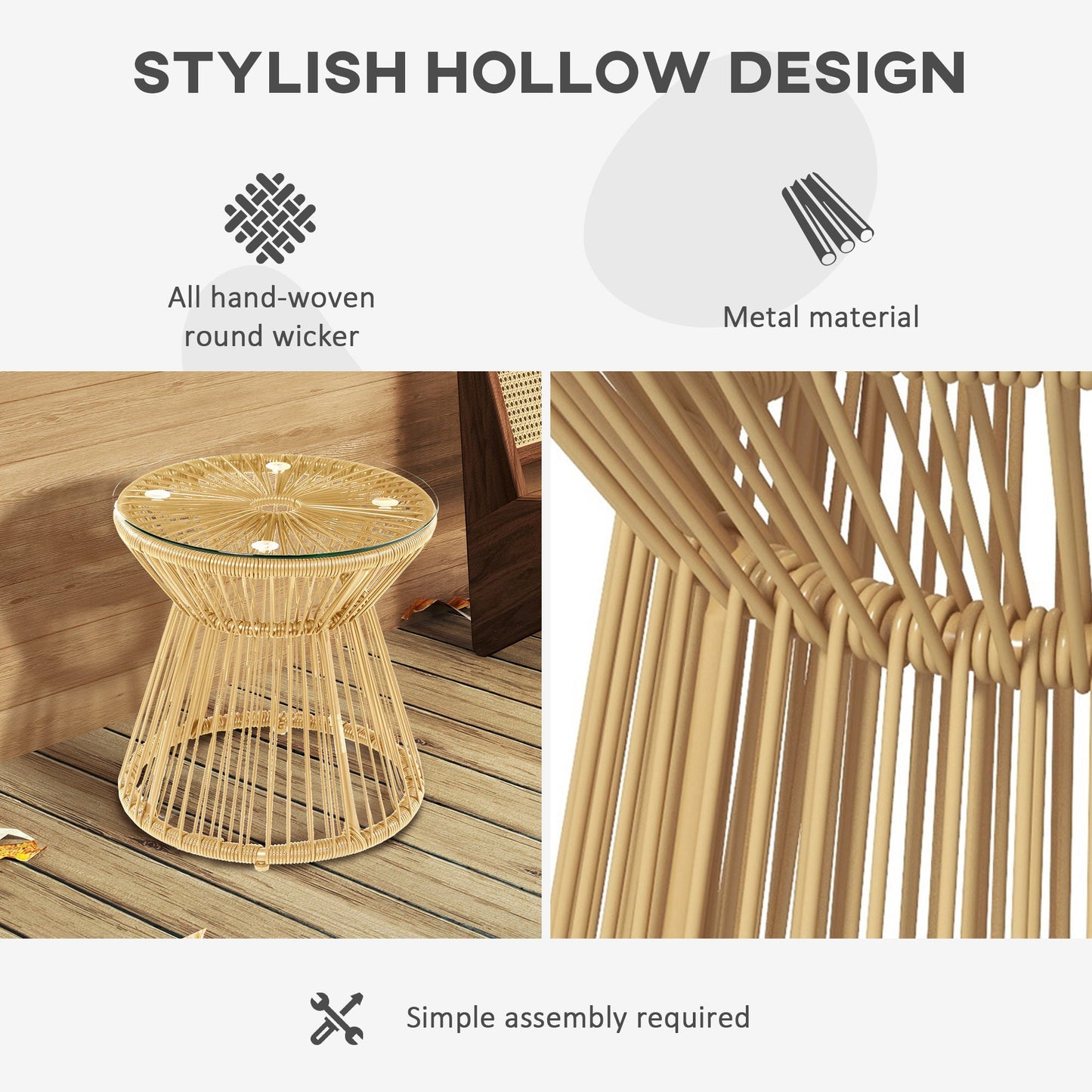 Outdoor Coffee Table, Round PE Rattan Side Table with Tempered Glass Table Top, Hollow Drum Design for Garden, Balcony, Patio, Natural