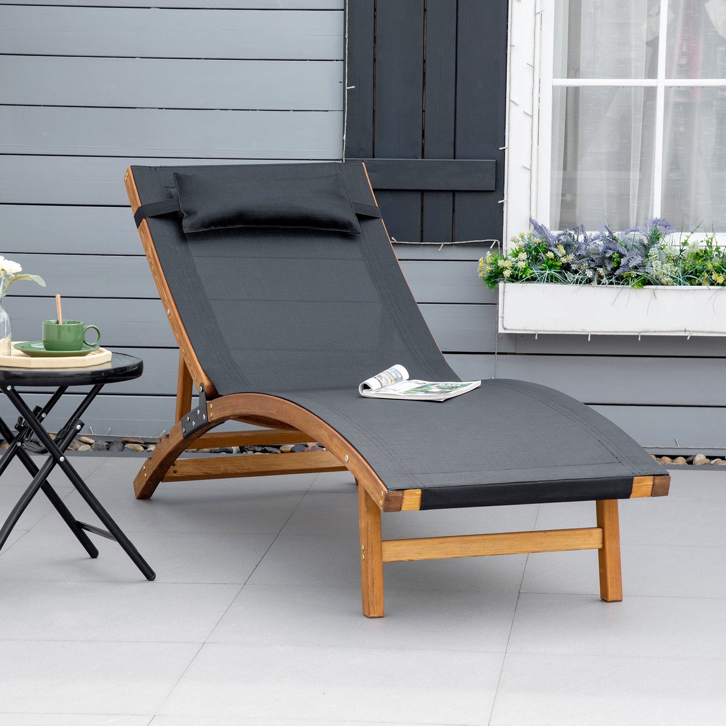Ergonomic Patio Lounge Chair Wooden Outdoor Chaise w/ 3 Adjustable Back and Removable Headrest Pillow for Garden Black