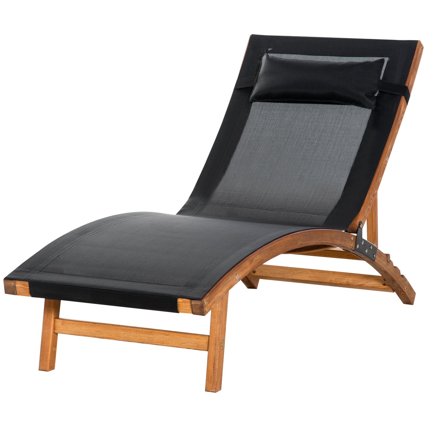 Ergonomic Patio Lounge Chair Wooden Outdoor Chaise w/ 3 Adjustable Back and Removable Headrest Pillow for Garden Black