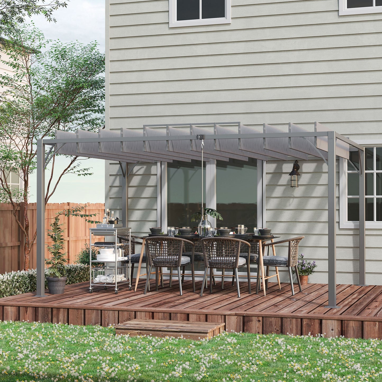 4 x 3(m) Outdoor Louvered Pergola with Adjustable Roof, AluminIum Patio Gazebo Canopy with Ground Stakes for Patio, Lawn, Garden, Grey