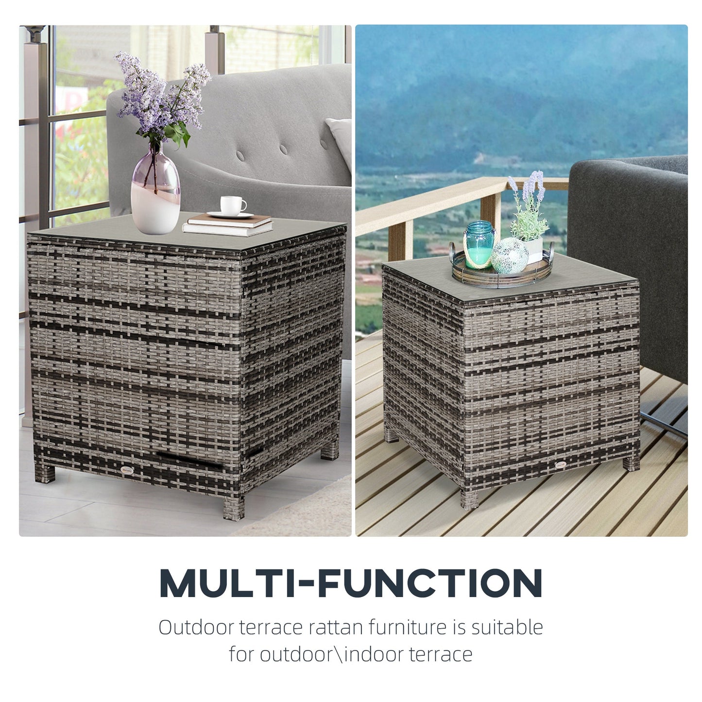 Patio PE Rattan Side Table, Square Outdoor Coffee Table w/ Tempered Glass Top, Mixed Grey