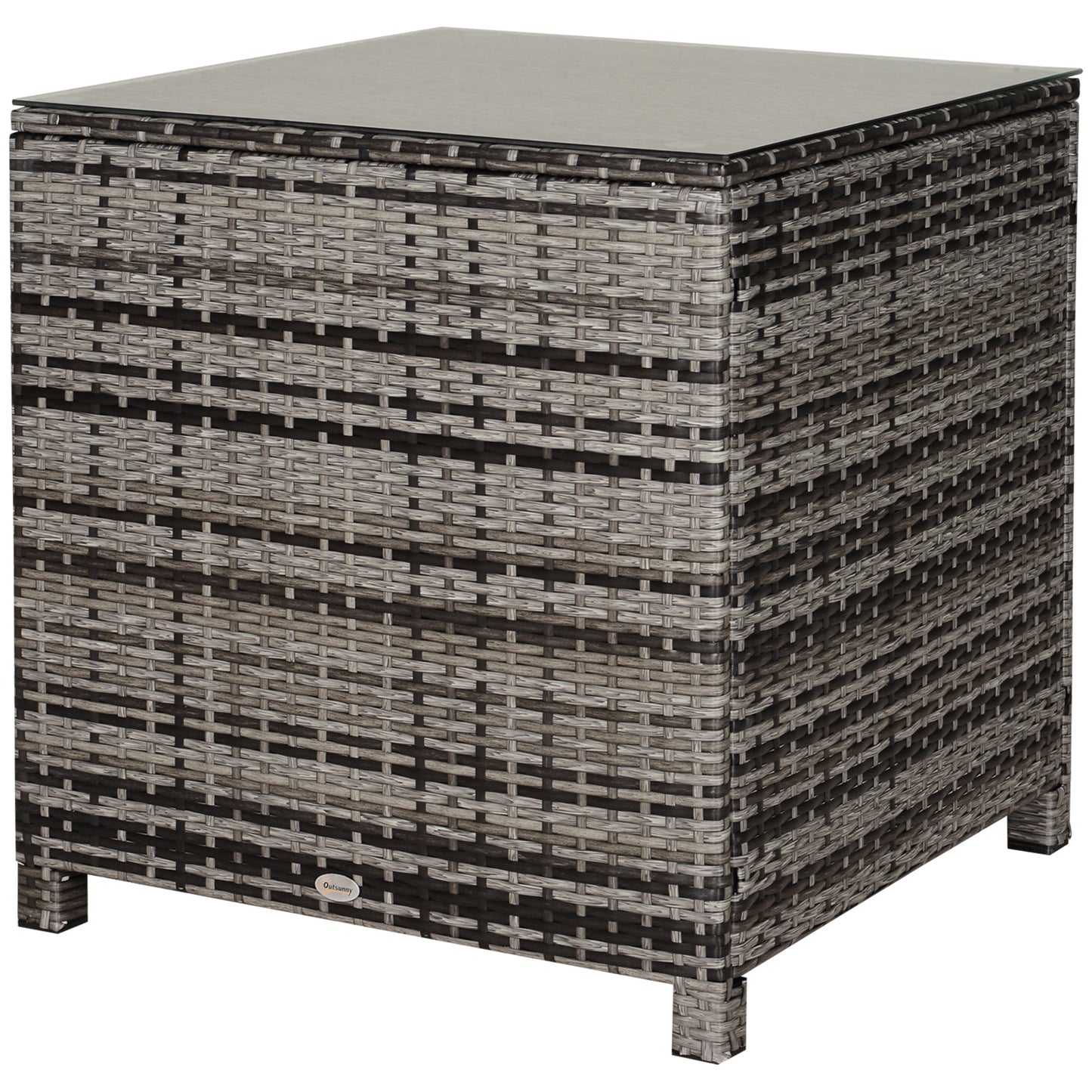 Patio PE Rattan Side Table, Square Outdoor Coffee Table w/ Tempered Glass Top, Mixed Grey