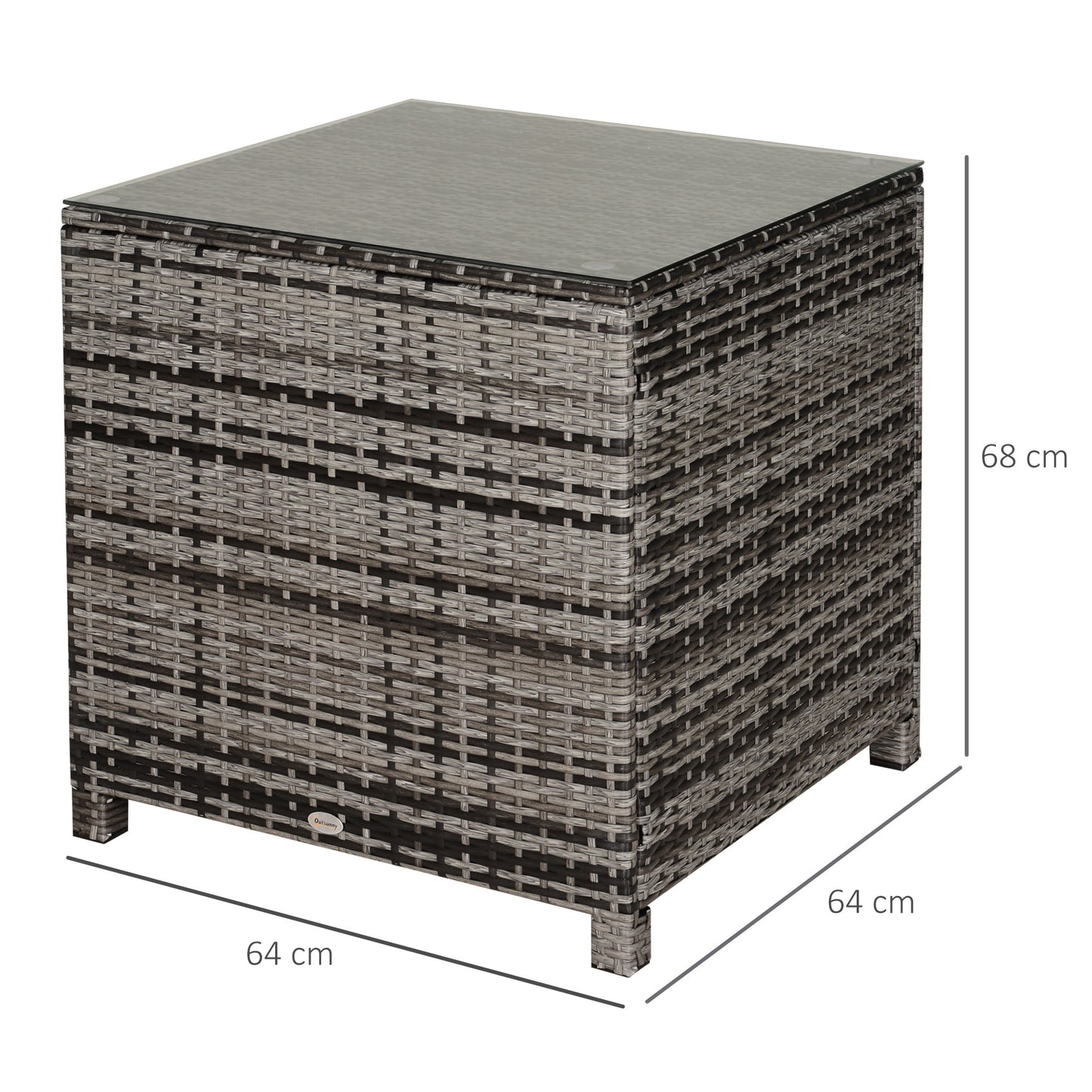 Patio PE Rattan Side Table, Square Outdoor Coffee Table w/ Tempered Glass Top, Mixed Grey