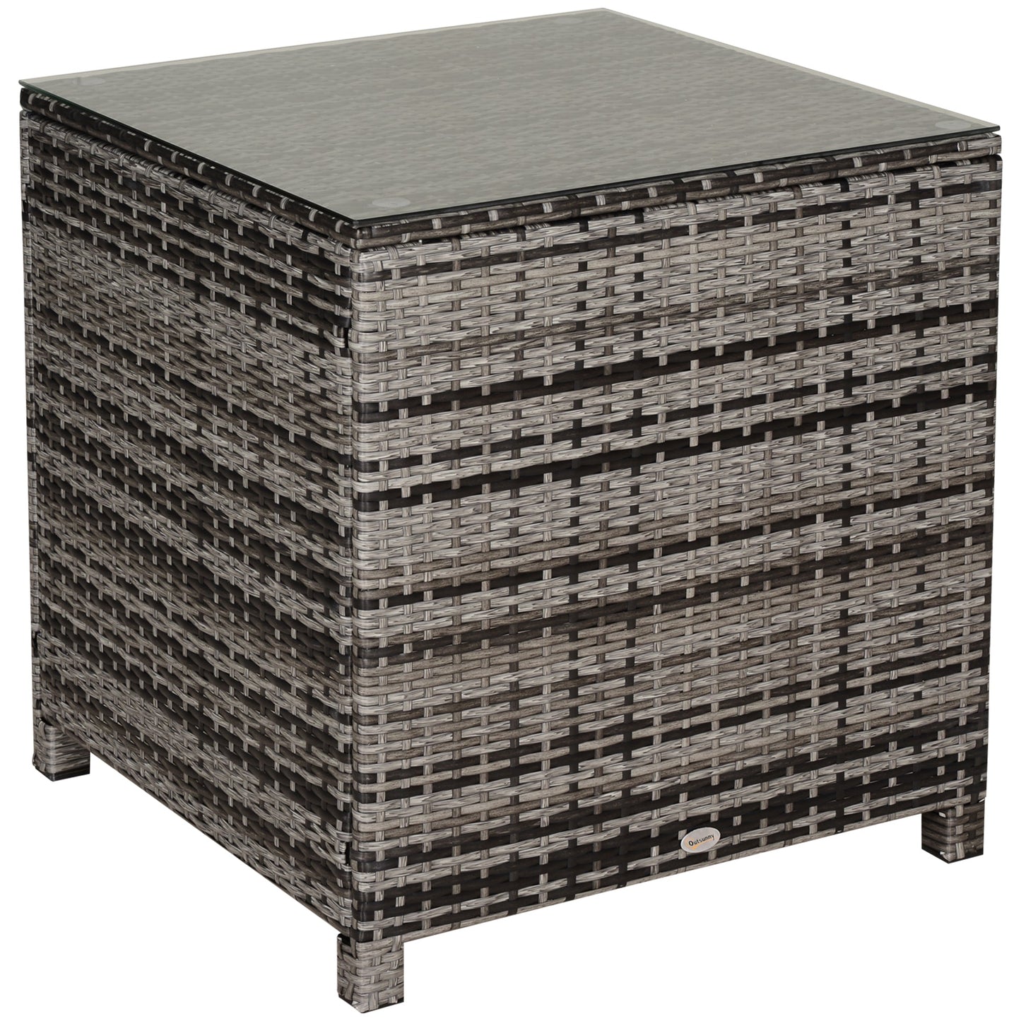Patio PE Rattan Side Table, Square Outdoor Coffee Table w/ Tempered Glass Top, Mixed Grey