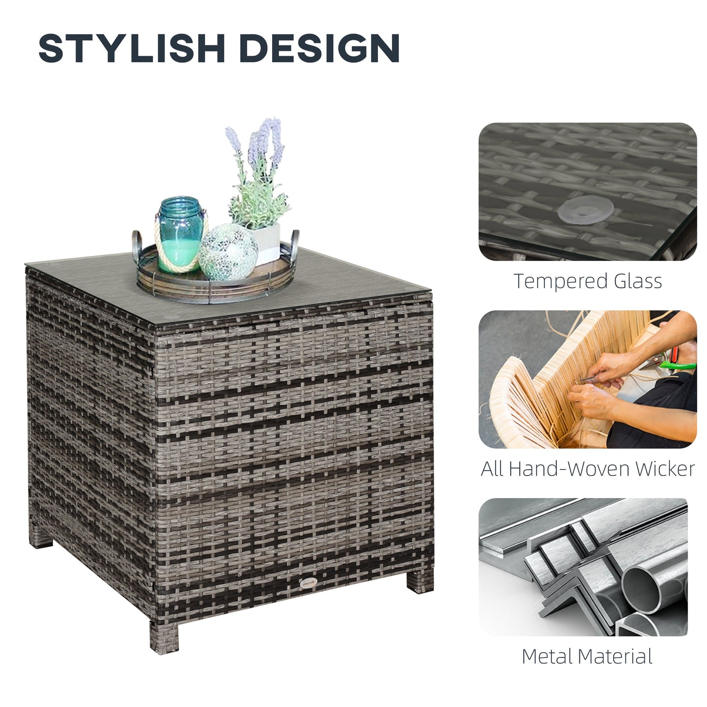 Patio PE Rattan Side Table, Square Outdoor Coffee Table w/ Tempered Glass Top, Mixed Grey